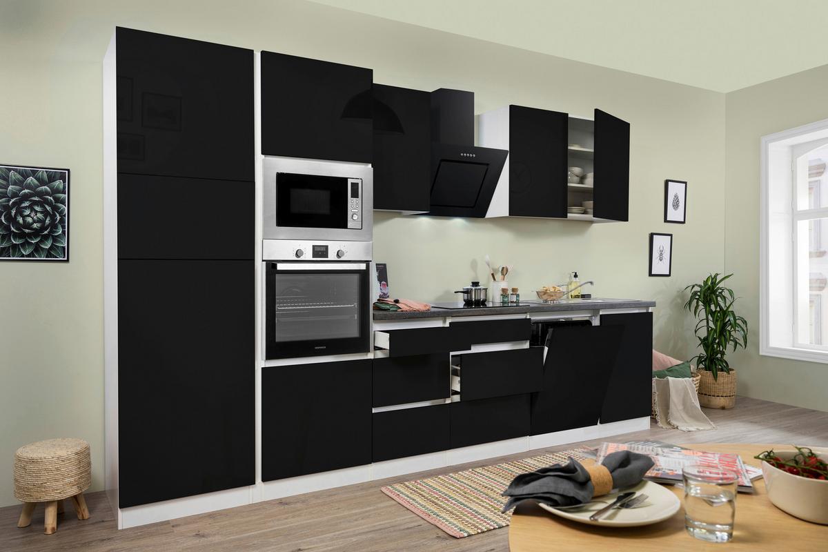 Küchenblock Lorena mit Geräten ca. 345 cm Schwarz Hochglanz - Schwarz Hochglanz/Graphitfarben, Basics, Holzwerkstoff (345cm) - Respekta