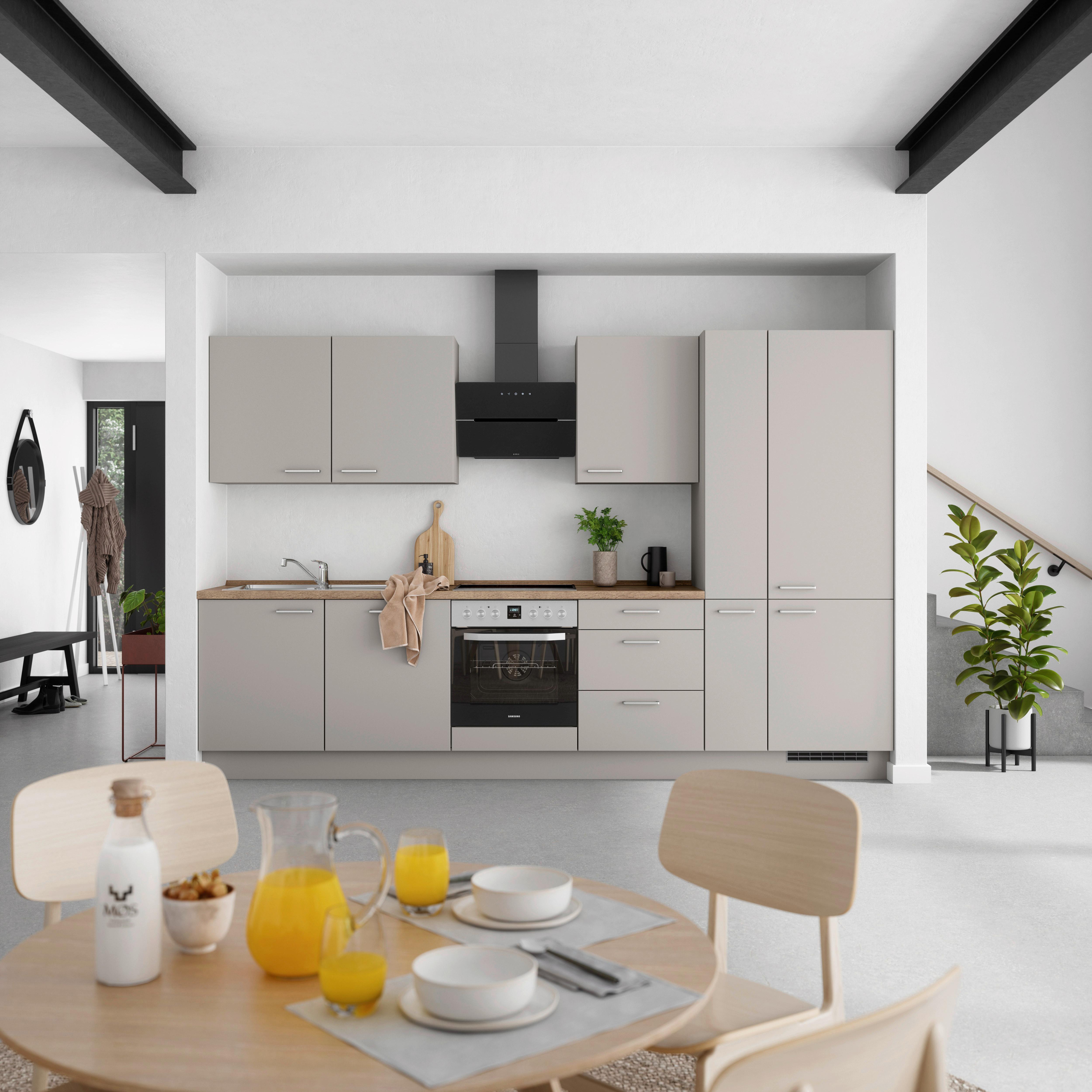 Küchenblock Touch High m. Geräten Grau - Eiche dunkel/Edelstahlfarben, MODERN, Holzwerkstoff/Metall (330cm) - Nobilia