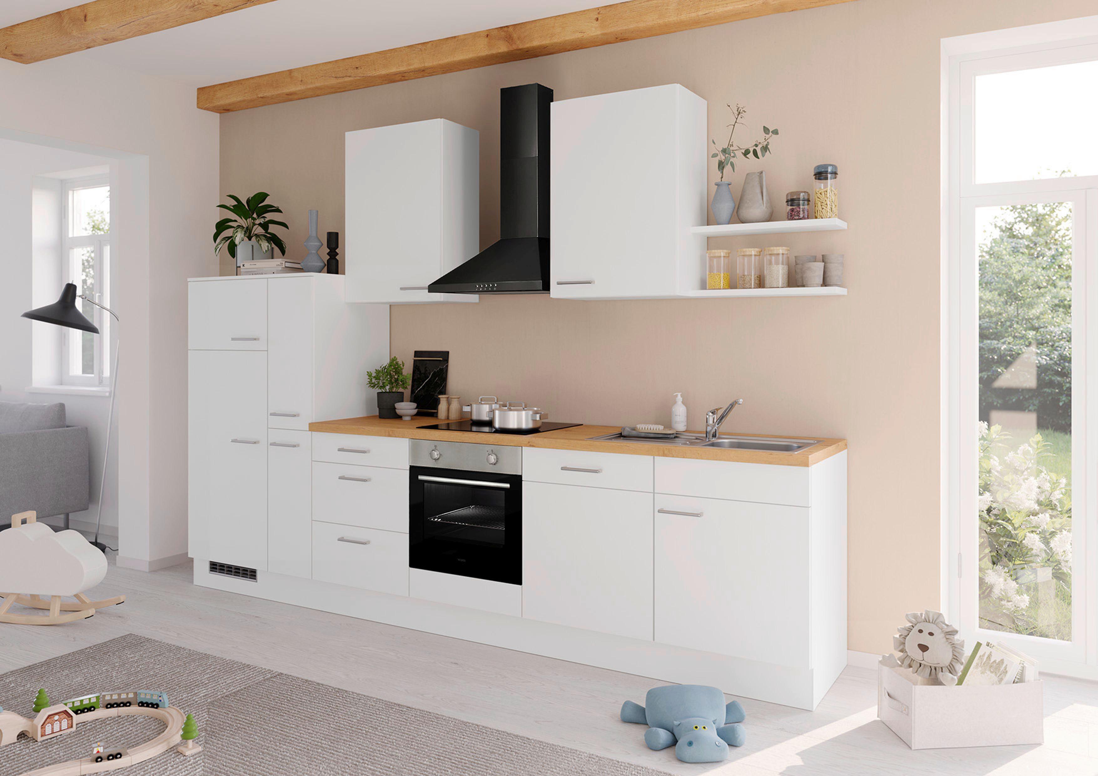 Küchenblock IKZ mit Geräten ca. 330 cm Weiß - Edelstahlfarben/Eichefarben, Design, Holzwerkstoff/Metall (330cm) - Impuls