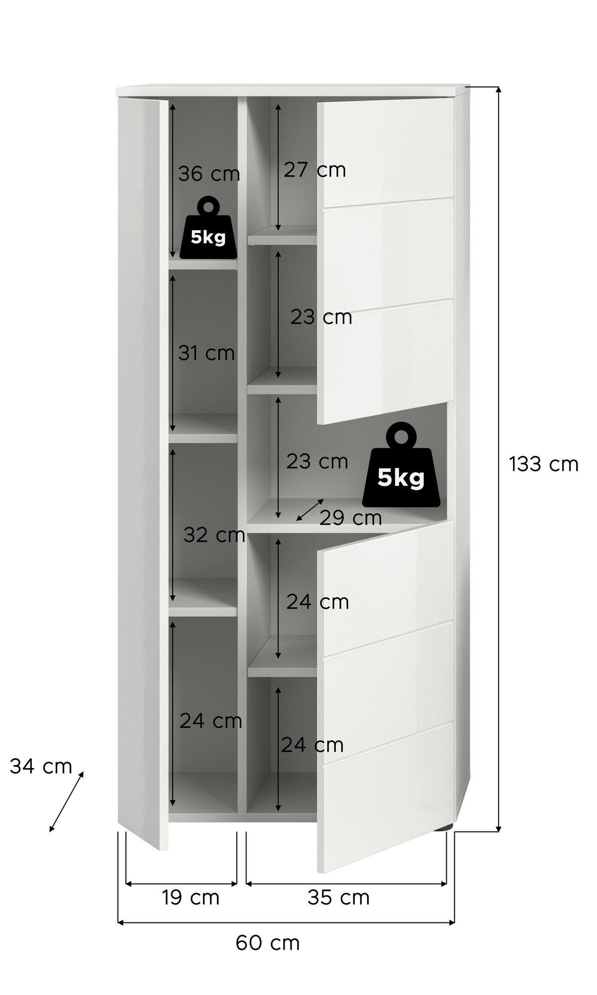 Midischrank Vira ca. 60x133x34 cm Weiß - Weiß Hochglanz/Schwarz, MODERN, Holzwerkstoff/Kunststoff (60/133/34cm) - MID.YOU