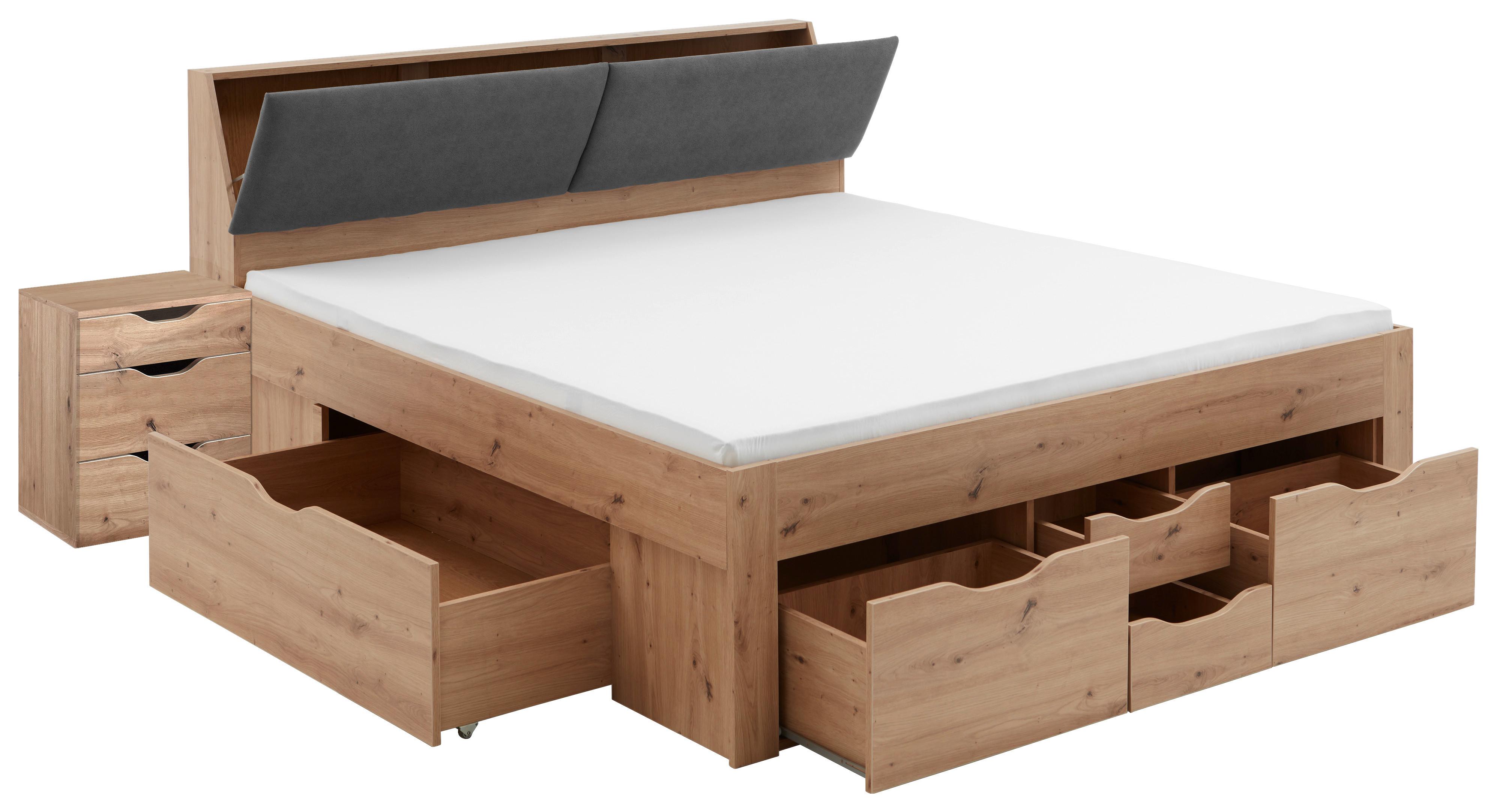 Stauraumbett in Eiche Artisan ca. 180x200cm - Eiche Artisan/Grau, KONVENTIONELL, Holzwerkstoff/Textil (237,5/185,6/103,8cm) - Modern Living