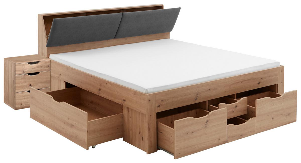 Postelja Maxi, S Predali, Hrast, 180x200 - siva/hrast artisan, Konvencionalno, leseni material/tekstil (180/200cm) - Mömax