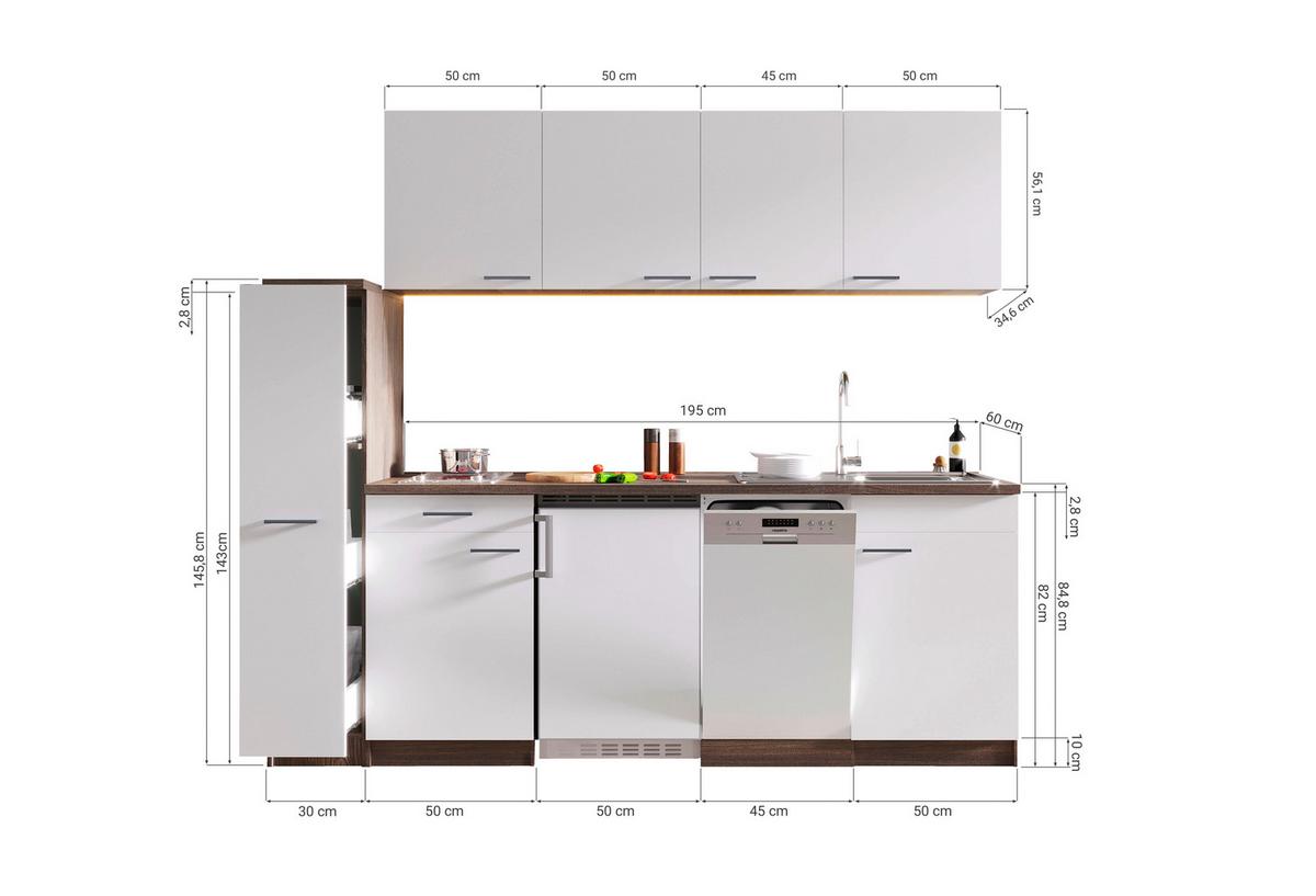 Küchenblock Oliver mit Geräten ca. 225 cm Weiß - Eichefarben/Alufarben, Basics, Holzwerkstoff/Kunststoff (225cm) - Respekta
