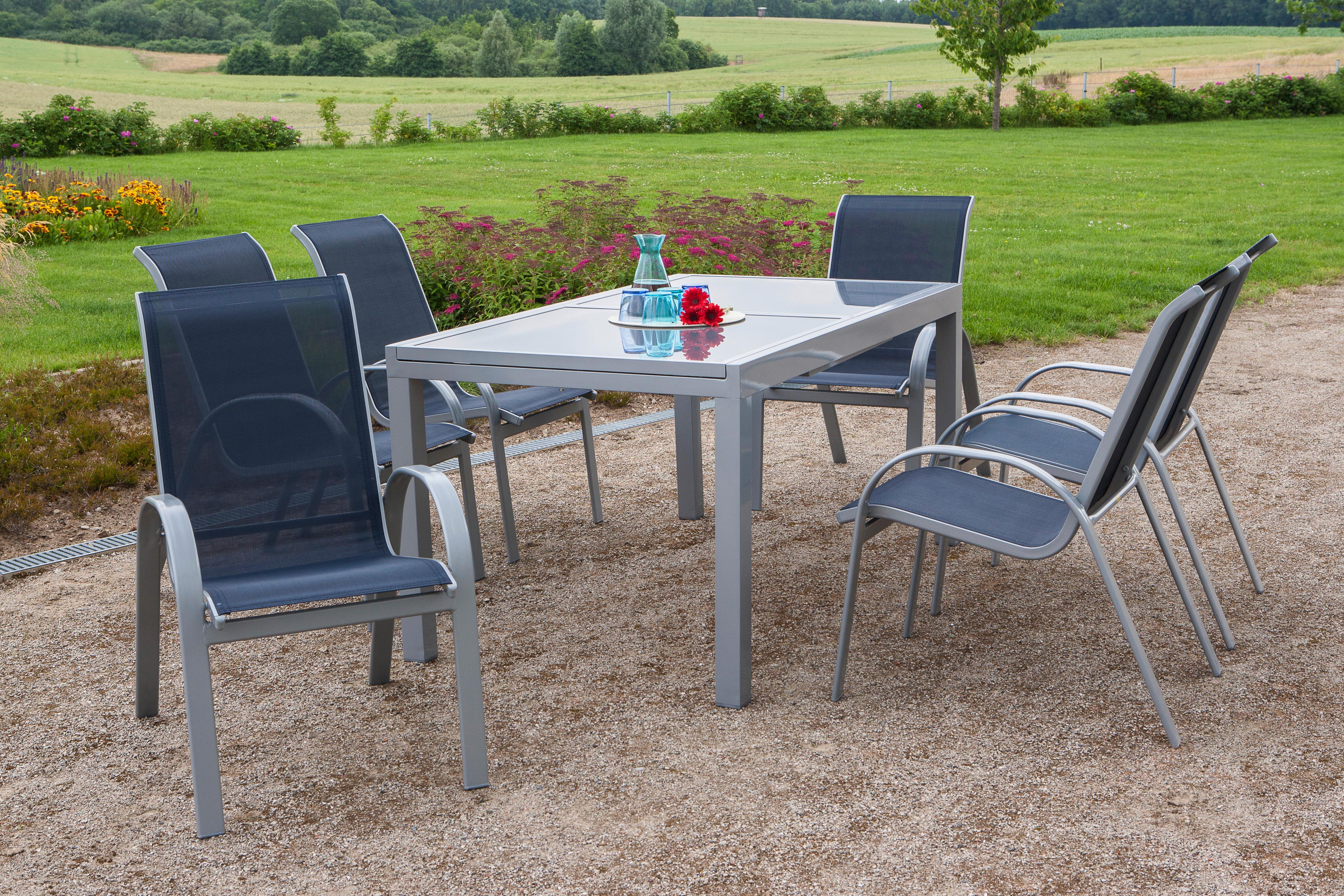 Gartensessel Amalfi stapelbar 2er-Set Metall/Textil - Silberfarben/Dunkelblau, ROMANTIK / LANDHAUS, Textil/Metall (56/97/76cm) - Gardenson
