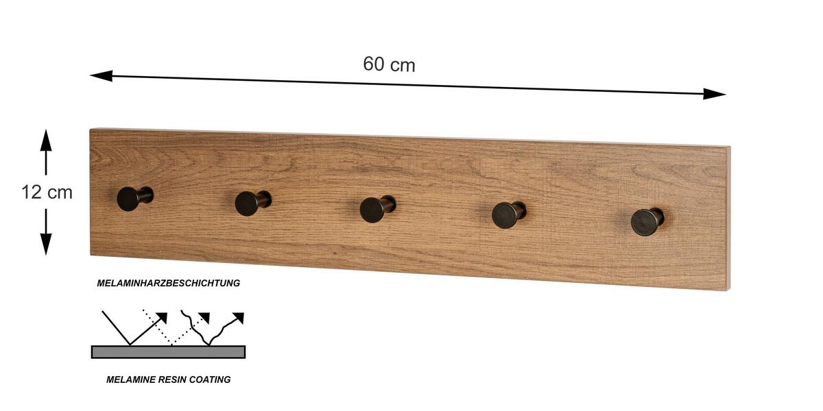 Hakenleiste Parma 2 in Schwarz/Eichefarben - Eichefarben/Schwarz, Modern, Holzwerkstoff/Metall (60/12/5cm) - Mömax