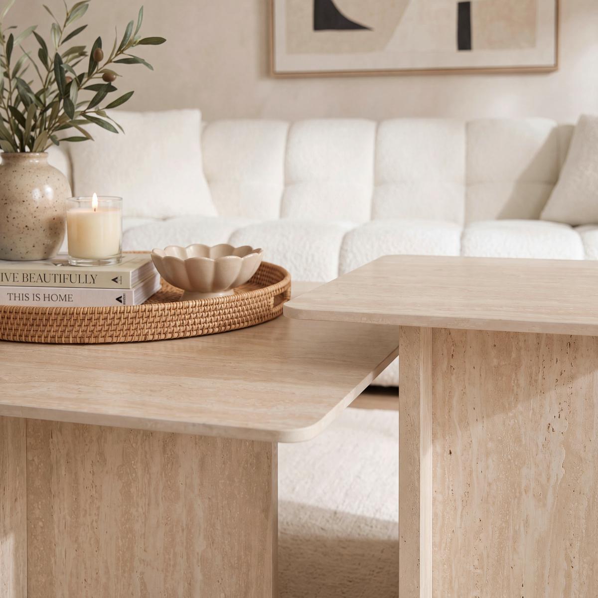 Klubska Miza Lucca, Krem Barve, 2-Delni Set - krem barve, Moderno, kamen/leseni material - Bessagi Home