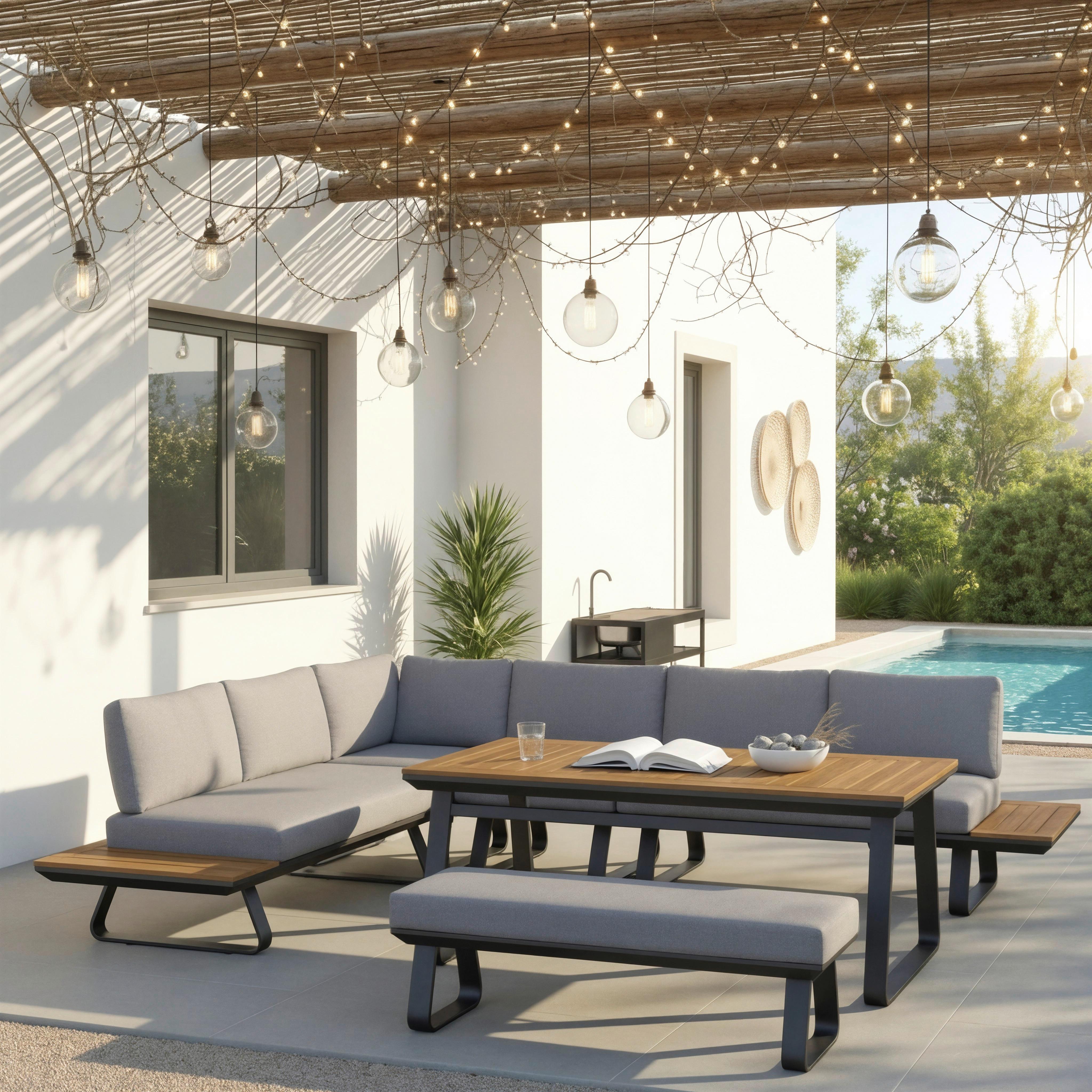 Dining-loungeset Emma - Dunkelgrau/Naturfarben, Modern, Kunststoff/Textil - Bessagi Garden