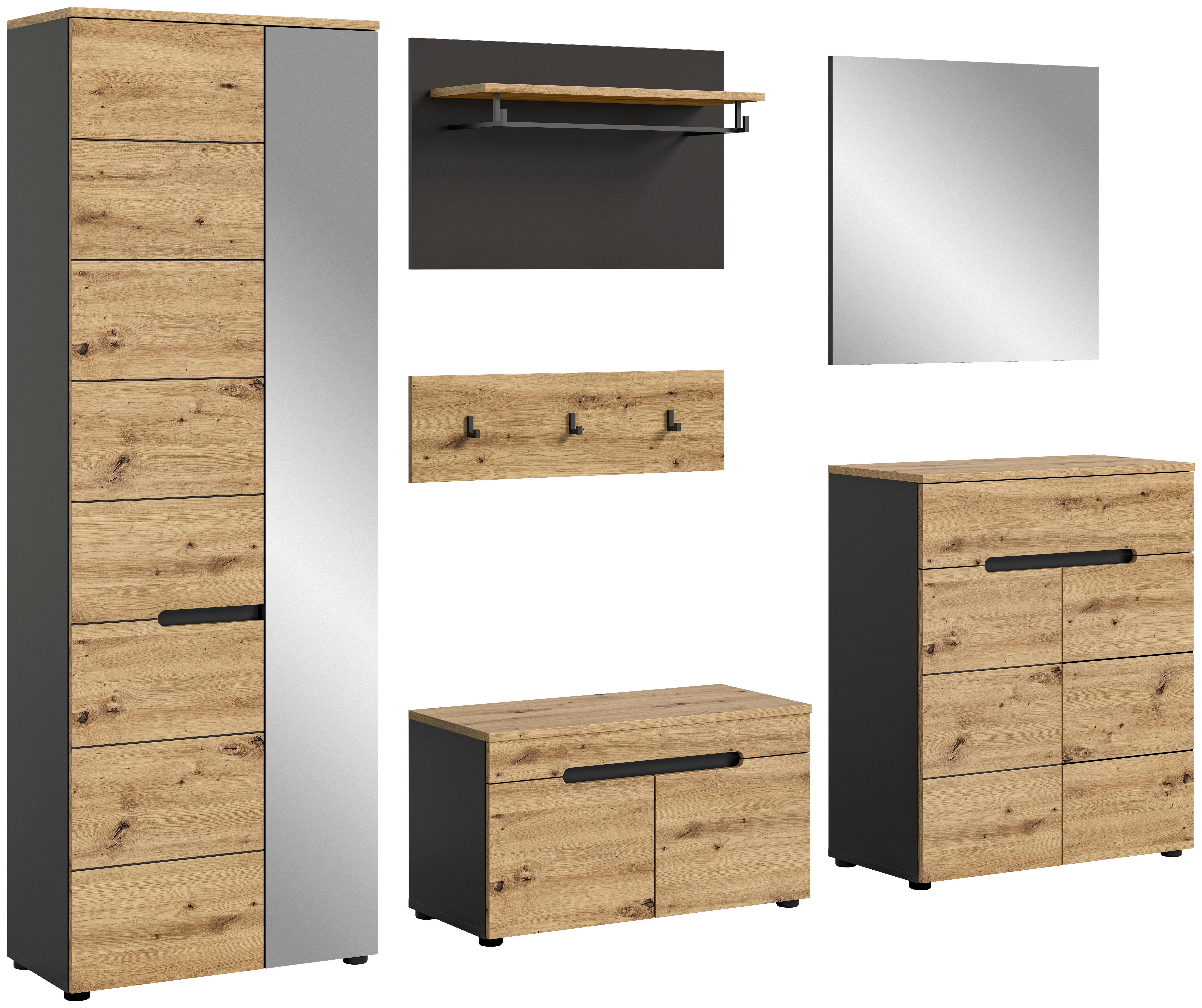 Garderobe Canu 5-teilig ca. 255x190x37cm Eiche Dekor,Grau - KONVENTIONELL, Glas/Holzwerkstoff (255/190/37cm) - MID.YOU