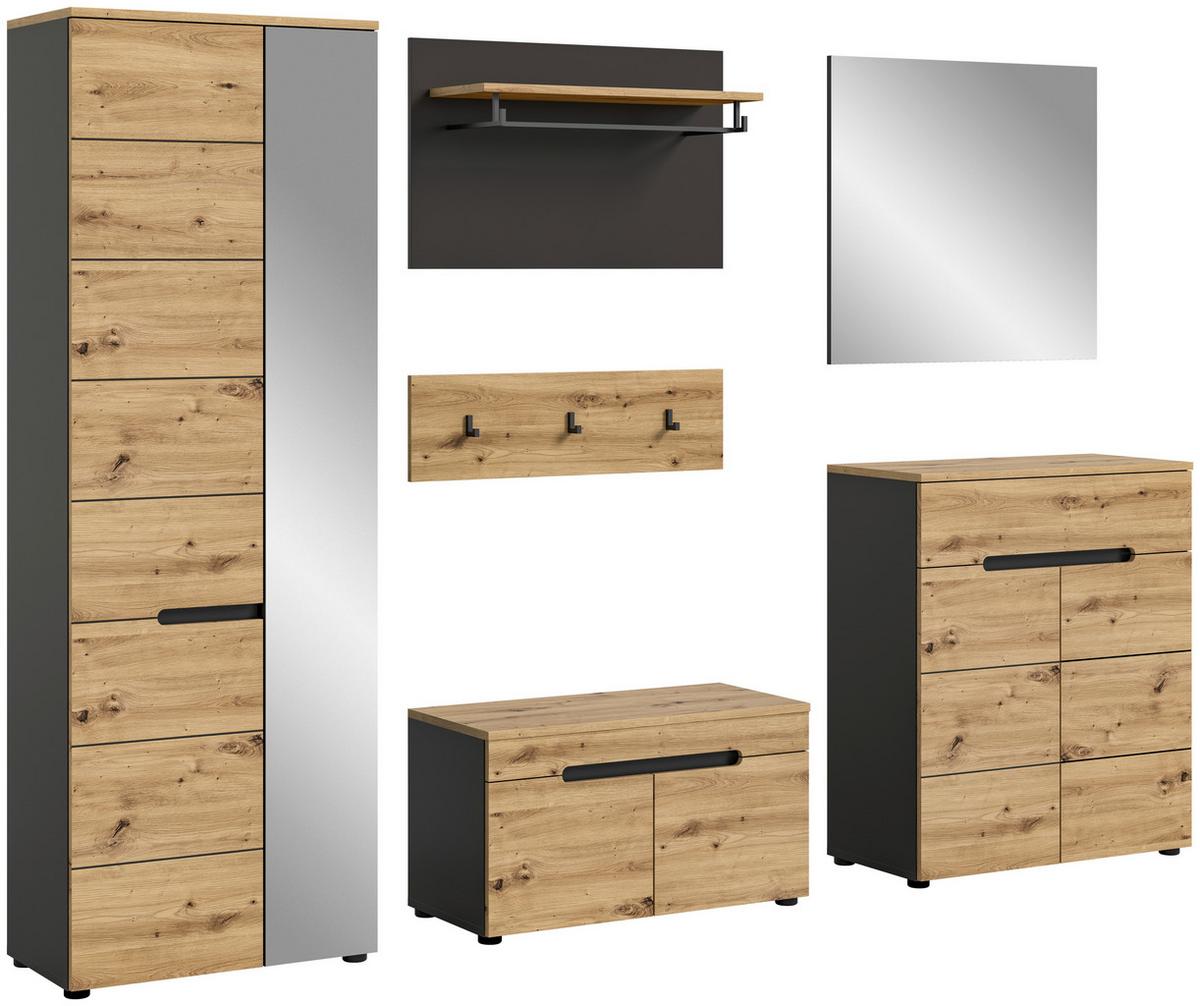Garderobe Canu 5-teilig ca. 255x190x37cm Eiche Dekor,Grau - KONVENTIONELL, Glas/Holzwerkstoff (255/190/37cm) - MID.YOU