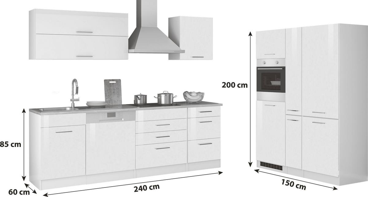 Küchenblock Mailand inkl. E-Geräte Weiß Hochglanz - Chromfarben/Weiß Hochglanz, MODERN, Holzwerkstoff/Metall (240-150cm) - Held