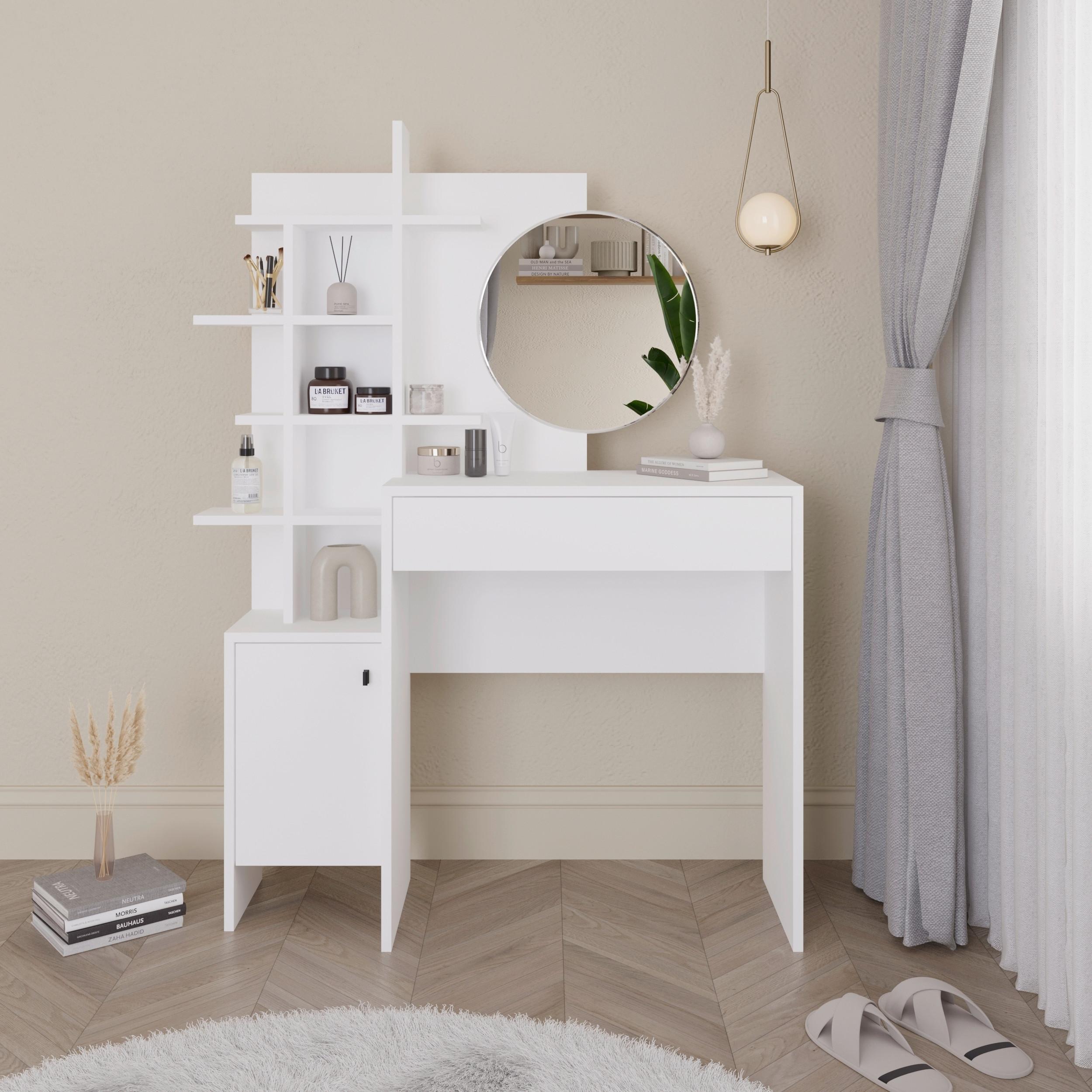 Schminktisch Mup m. Spiegel ca. 105x151 cm Weiß - Weiß, Design, Holzwerkstoff (105/35/151cm) - Livetastic