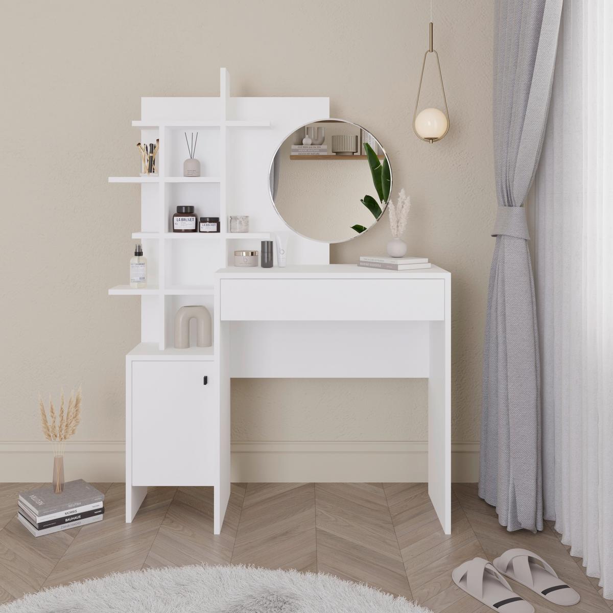 Schminktisch Mup m. Spiegel ca. 105x151 cm Weiß - Schwarz/Weiß, Design, Holzwerkstoff/Metall (105/35/151cm) - Livetastic