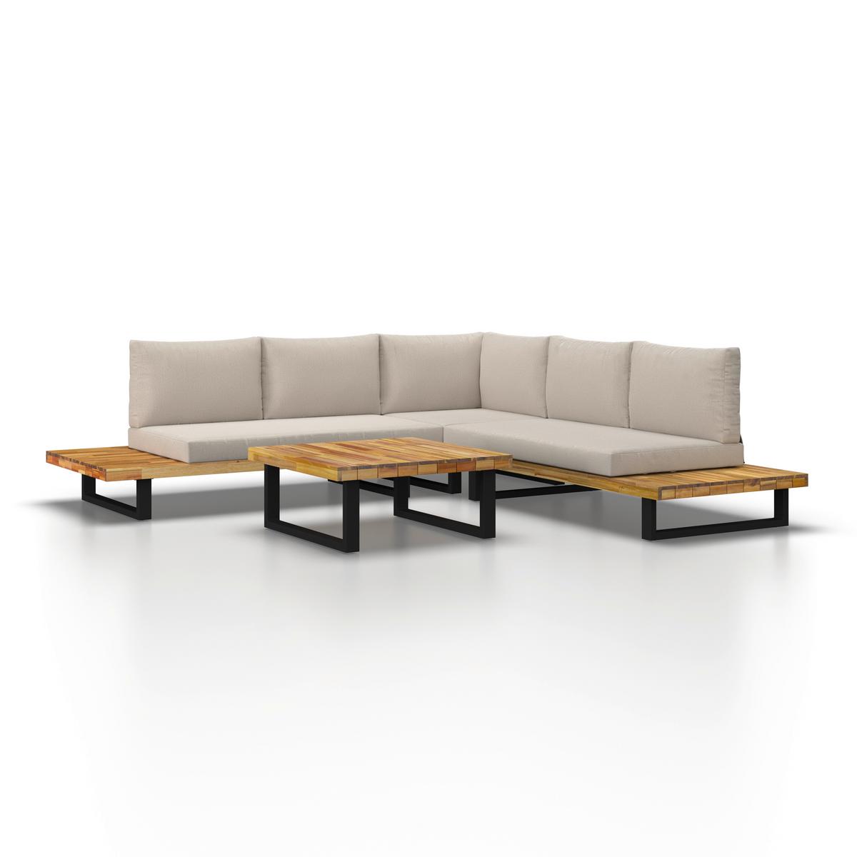 Loungegarnitur Cristina Creme Echtholz/Textil/Metall - Creme/Schwarz, Modern, Holz/Textil (254/78/82cm) - Bessagi Garden