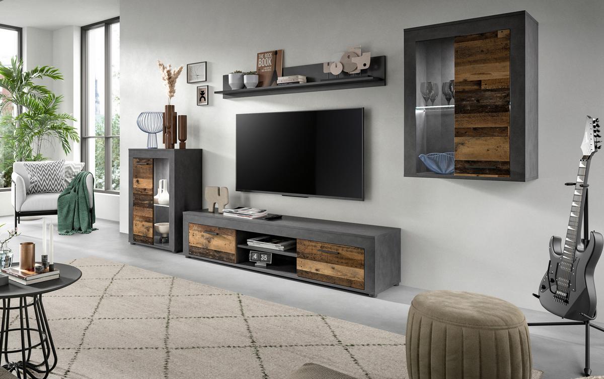 Ansamblu mobilier camera de zi JAM - culoare natur/gri, Design, sticlă/material pe bază de lemn (310/169/35cm) - Modern Living