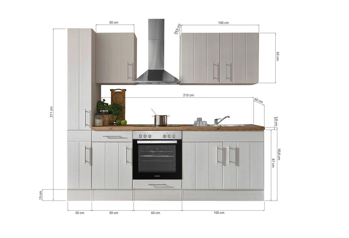 Küchenblock Anton Landhaus ohne Geräte ca. 240 cm Weiß - Wildeiche/Edelstahlfarben, Basics, Holzwerkstoff/Metall - Respekta