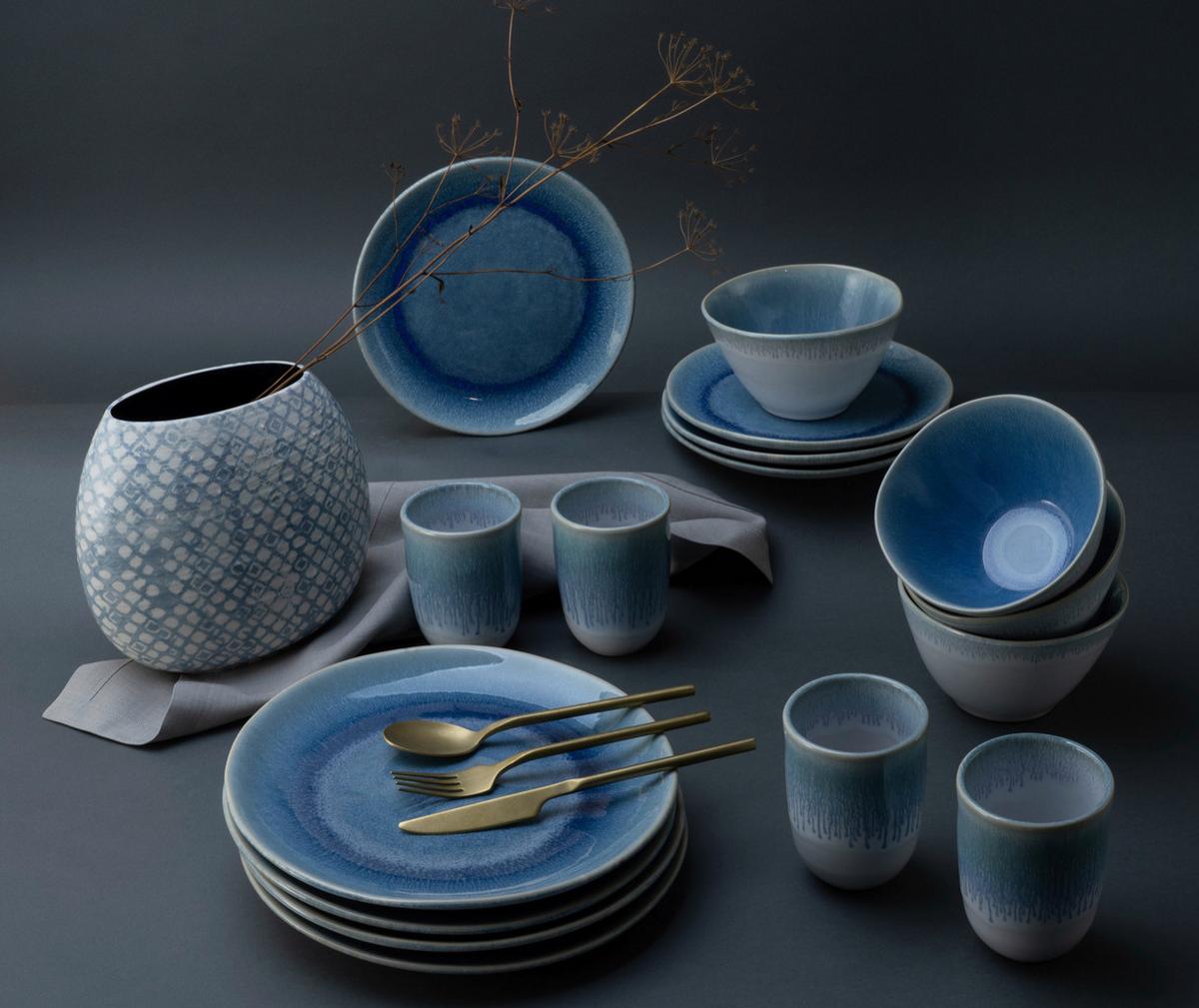 SERWIS OBIADOWO-ŚNIADANIOWY LAZUR - niebieski/biały, Trend, ceramika (41/35/34cm) - Creatable