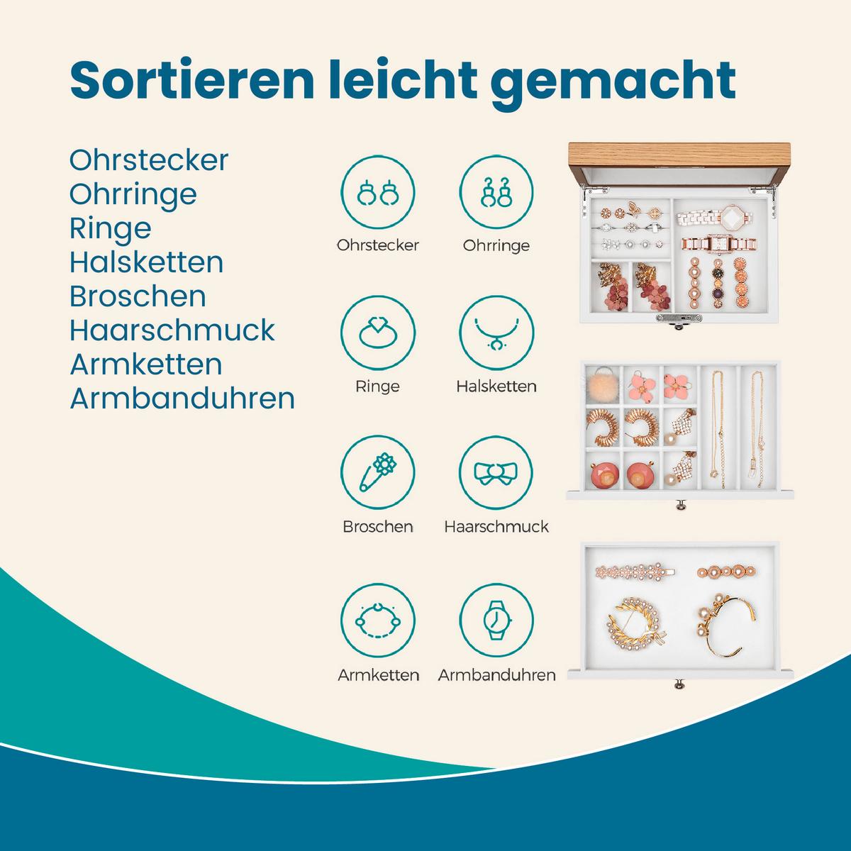 Schmuckkästchen Weiß/Nussbaumfarben - Nussbaumfarben/Weiß, LIFESTYLE, Glas/Holz (25/15/17cm)