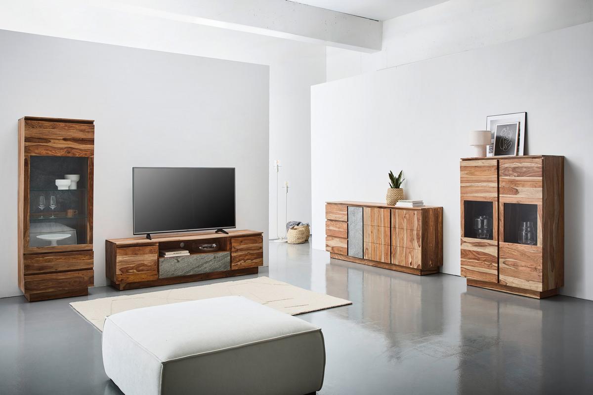 KOMODA WYSOKA HIGH - kolor naturalny/szary, Design, drewno/szkło (99/146/41cm) - Livetastic