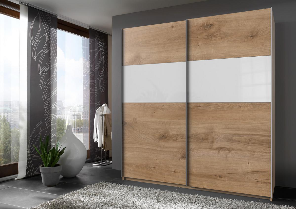 Schwebetürenschrank in Eichefarben/Weiß - Eichefarben/Alufarben, KONVENTIONELL, Holzwerkstoff/Metall (135/200/64cm) - Mömax