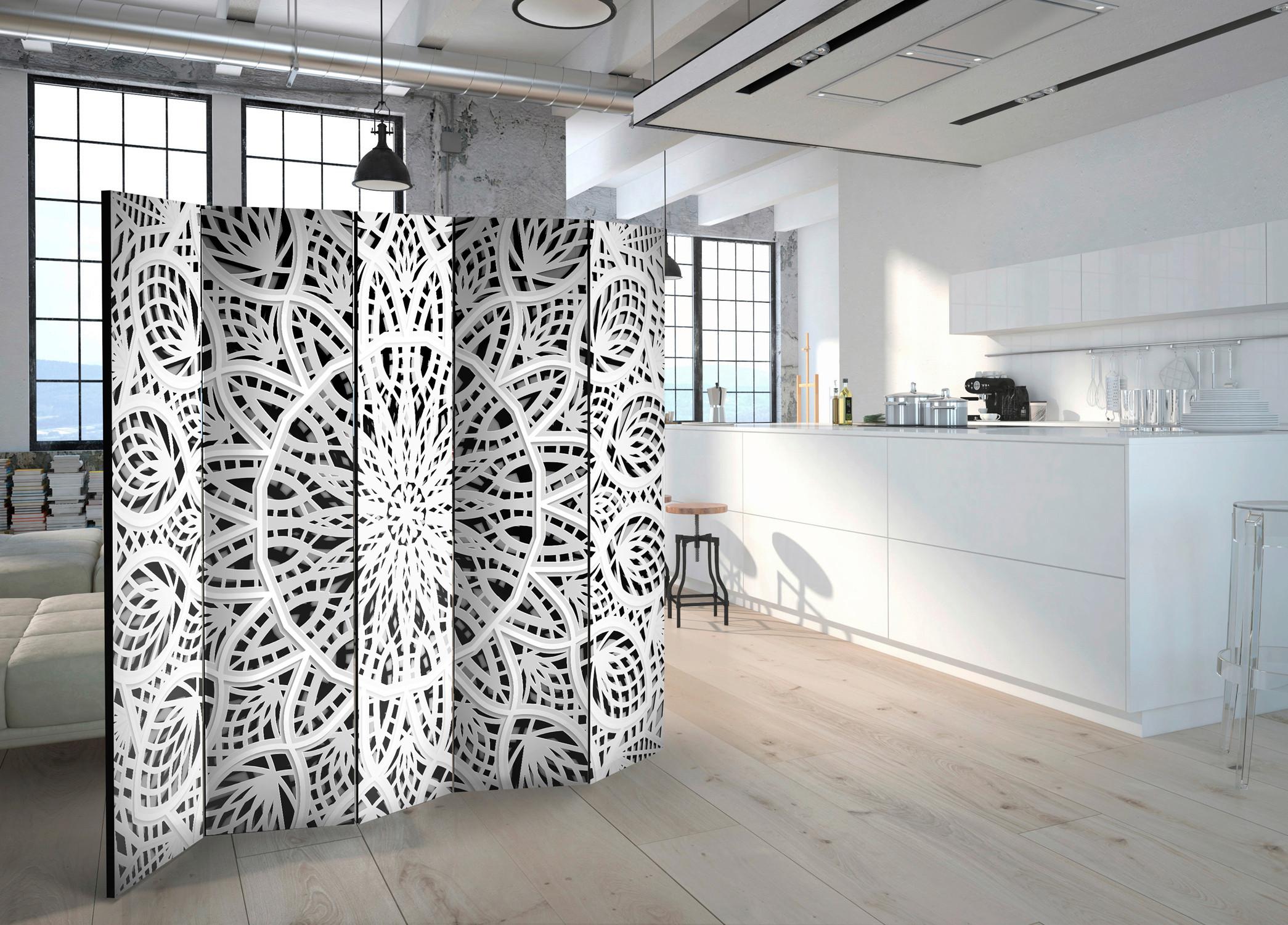 Paravan White Mandala I, 5-Delni, Dvostranski - črna/bela, Basics, tekstil/les (225/172/3cm) - artgeist