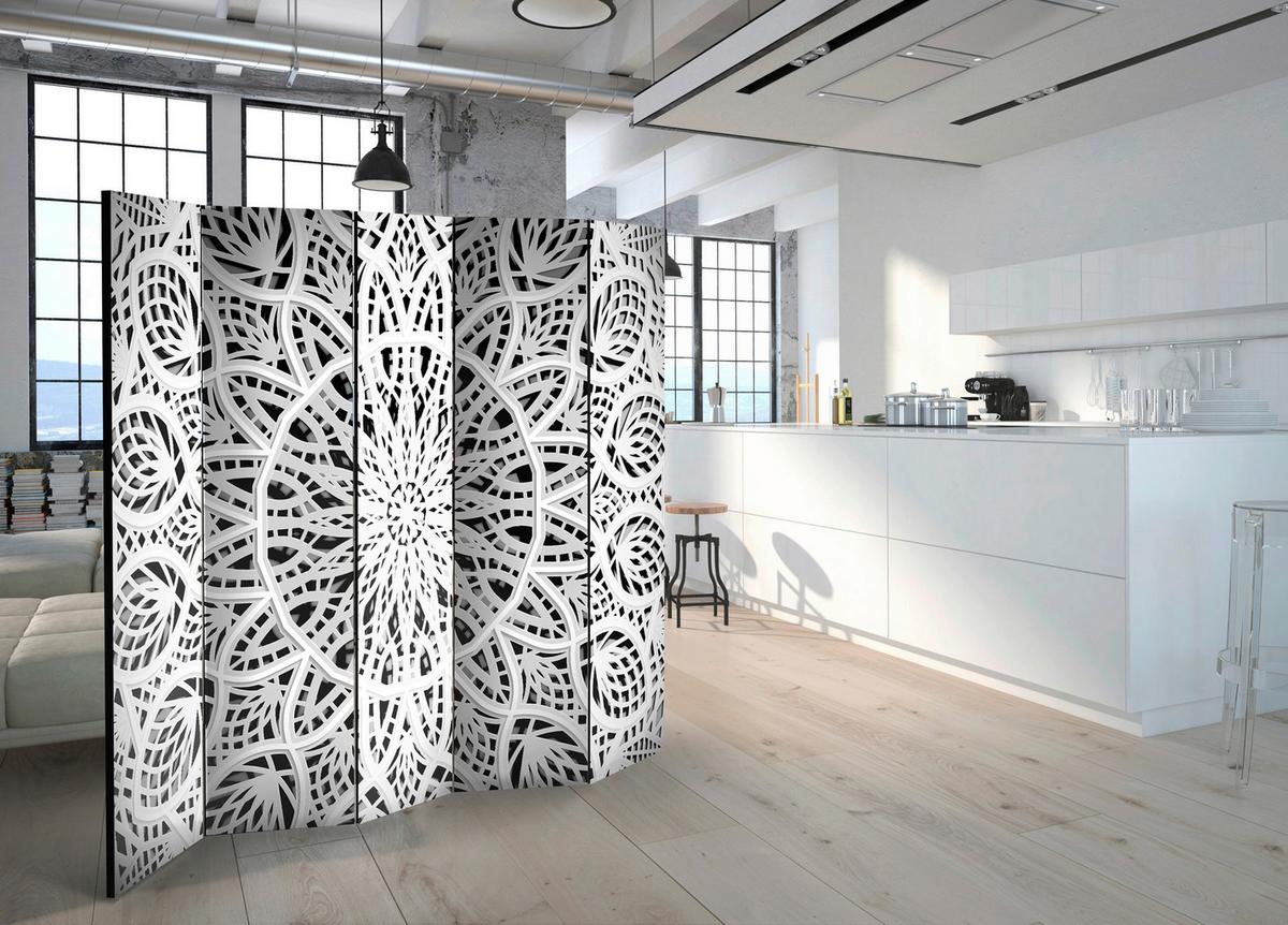 Paravan White Mandala I, 5-Delni, Dvostranski - črna/bela, Basics, tekstil/les (225/172/3cm) - artgeist