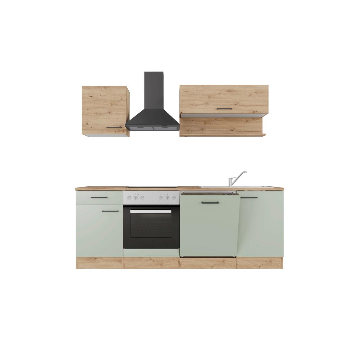 Küchenblock Cara m. Geräten Schilfgrün - Schilfgrün/Schwarz, Trend, Holzwerkstoff/Metall (220cm) - FlexWell