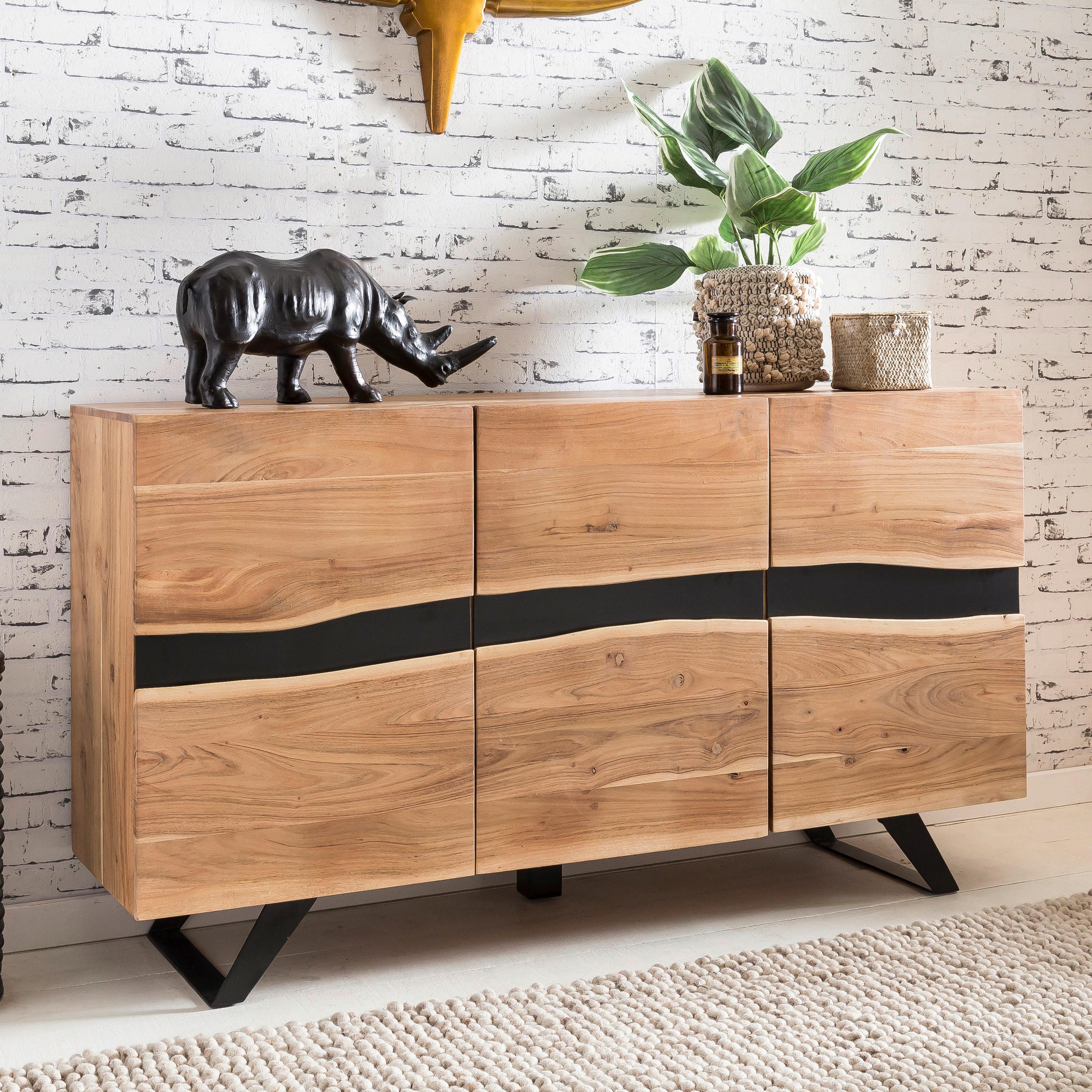 Komoda Boha, Pravi Les - črna/barve akacije, Design, kovina/les (148/85/43cm) - MID.YOU