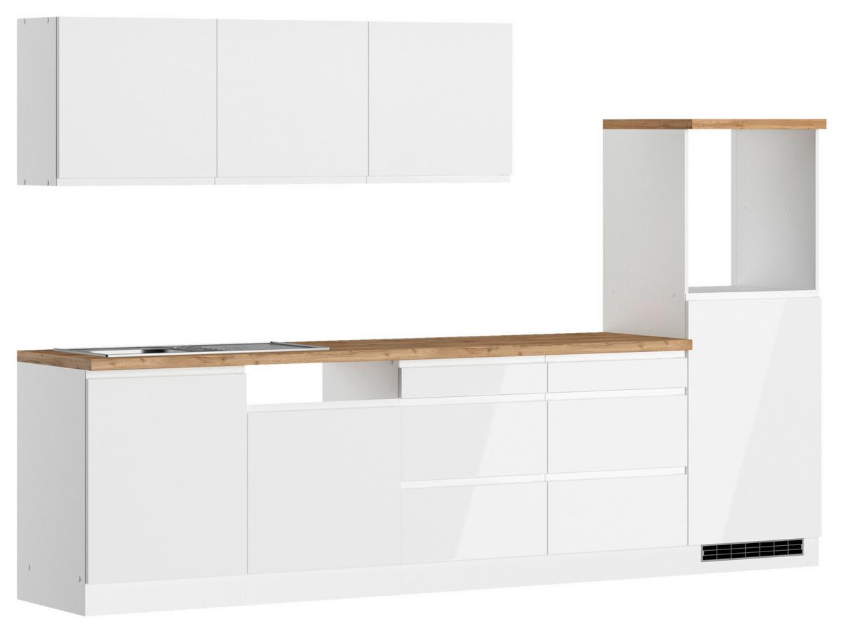 Küchenzeile Monza ohne Geräte ca. 300 cm Weiß/Eiche + Spüle - Weiß Hochglanz/Eiche Wotan, LIFESTYLE, Holzwerkstoff (300cm) - Held