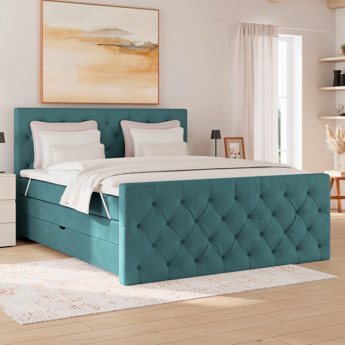 Boxspring Krevet Elio - bež/boje petroleja, Romantično / ladanjski, tekstil/plastika (180/200cm) - Modern Living