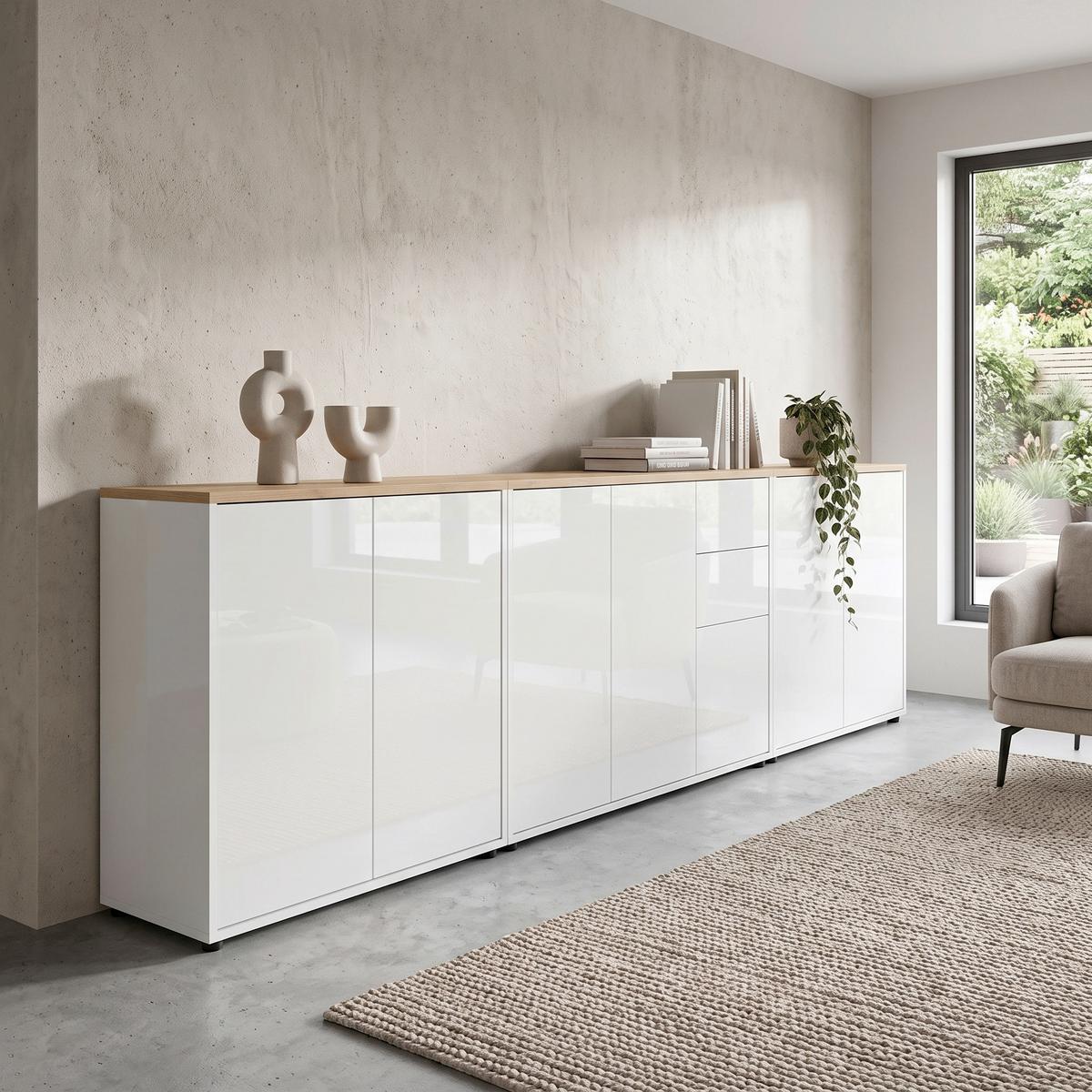 Sideboard Mailand Set 6 Weiß/Eiche - Weiß Hochglanz/Schwarz, MODERN, Holzwerkstoff/Kunststoff (263,5/73/33cm) - MID.YOU