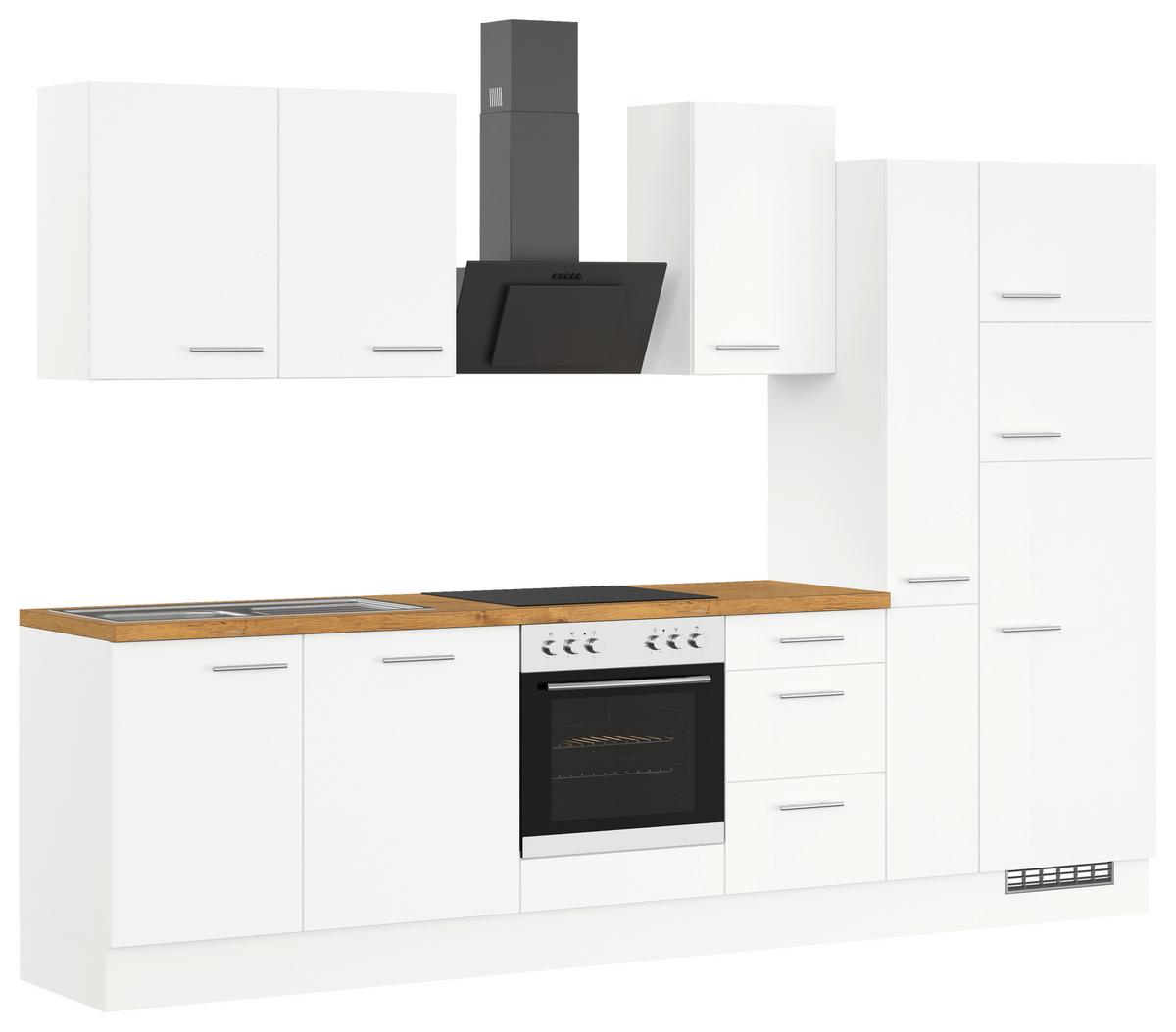 Küchenblock inkl. 5 E-Geräte IP1200 Weiß - Eichefarben/Silberfarben, Trend, Holzwerkstoff/Metall (310cm) - Impuls