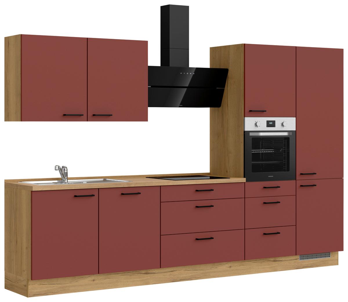 Küchenblock Easytouch High m. Geräten Dunkelrot - Eichefarben/Schwarz, MODERN, Holzwerkstoff/Metall (330cm) - Nobilia