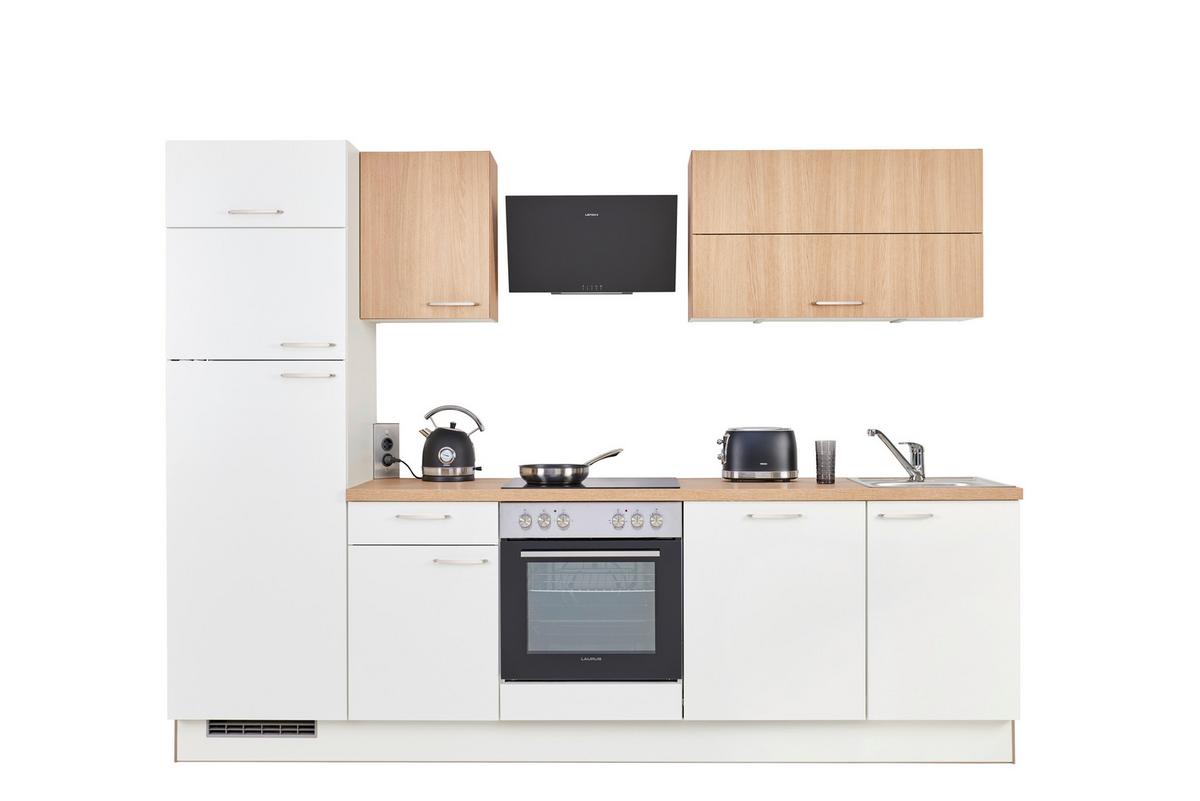 Küchenblock inkl. 4 E-Geräte PN 80/100 Weiß - Edelstahlfarben/Eichefarben, MODERN, Holzwerkstoff/Metall (280cm) - Pino