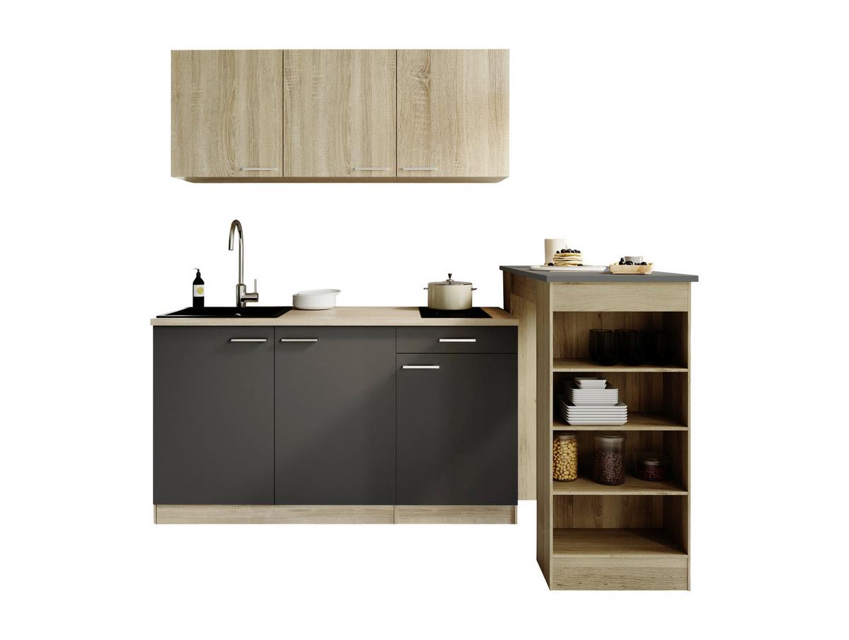 Miniküche Ingrid m. Gerät ca. 150cm Grau - Eichefarben/Alufarben, Design, Holzwerkstoff/Kunststoff (150cm) - Respekta