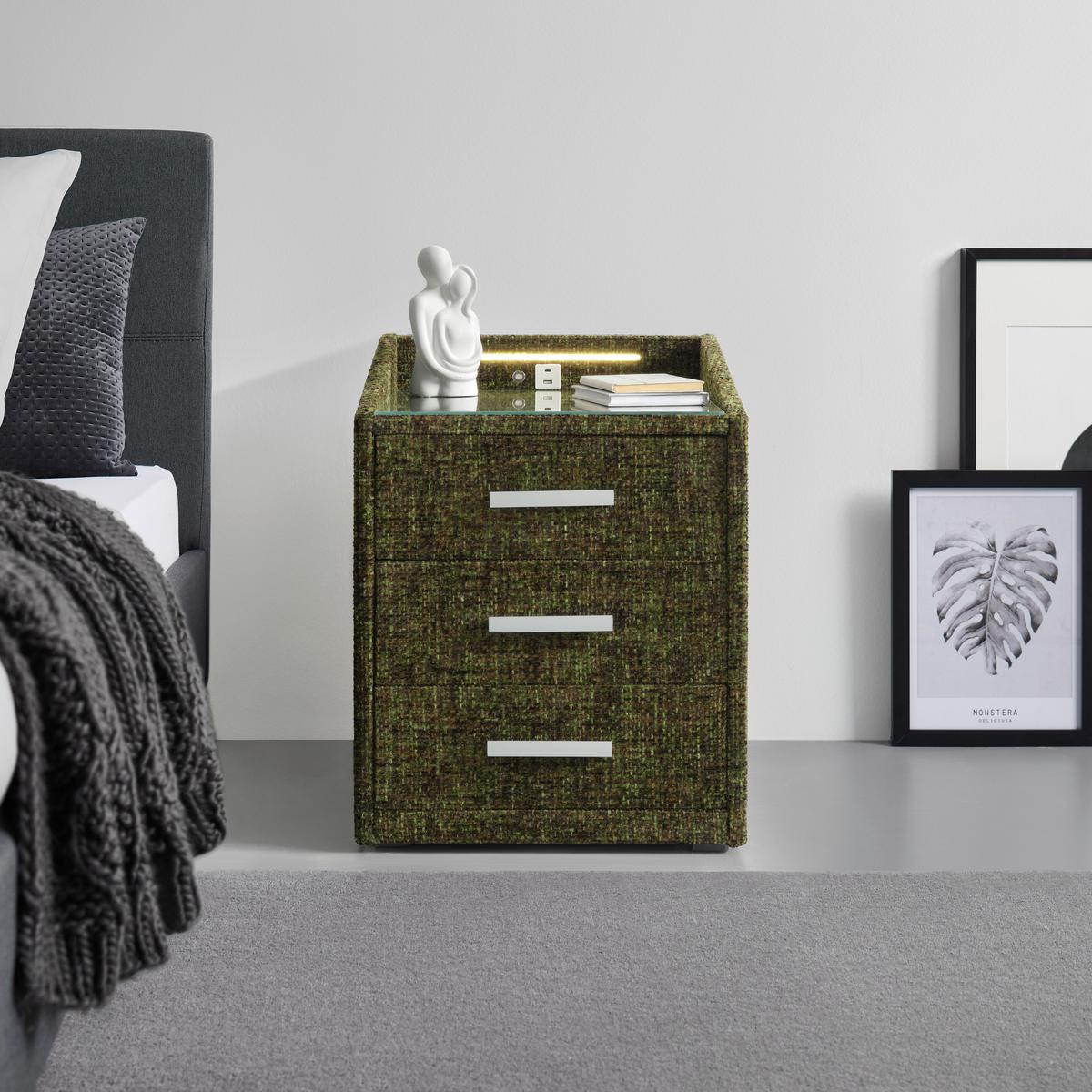 Nachtkästchen Moon Grün mit USB- und Typ C-Anschluss - Silberfarben/Schwarz, Konventionell, Holzwerkstoff/Kunststoff (47/61/46cm) - Premium Living