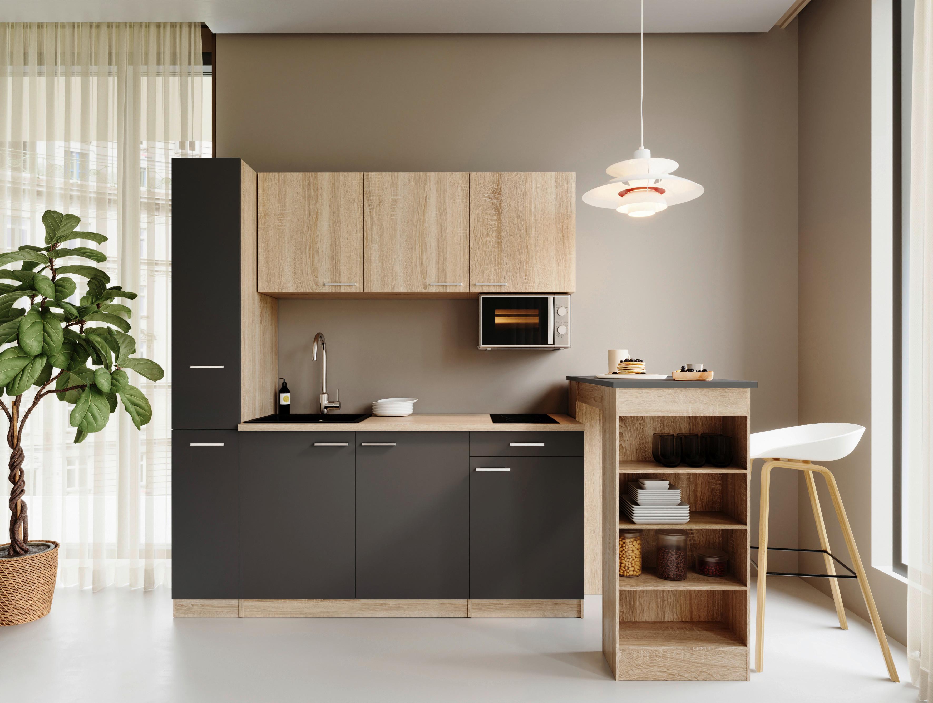 Küchenblock Ingrid m. Geräten Grau - Eichefarben/Alufarben, Design, Holzwerkstoff/Kunststoff (180cm) - Respekta