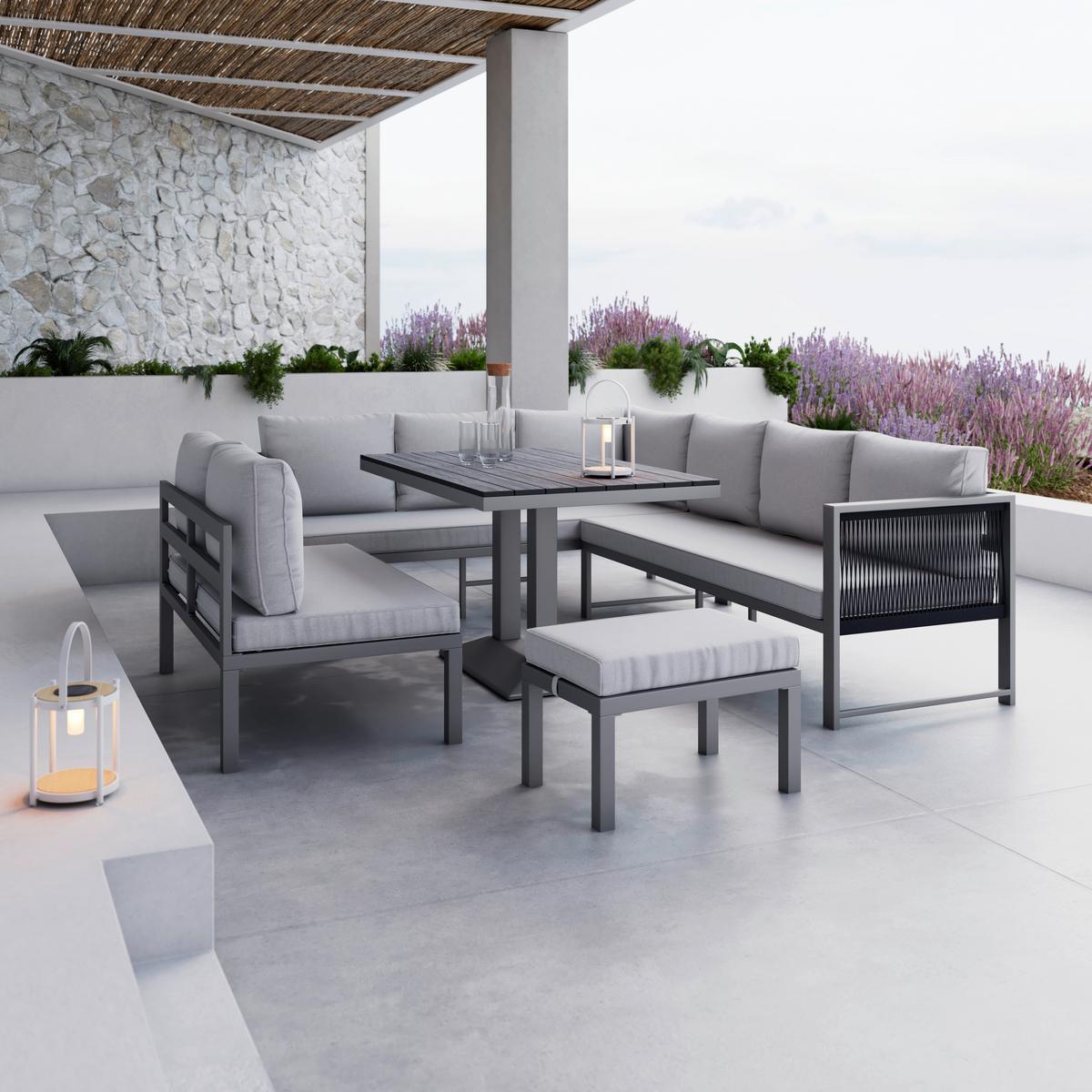Dining-Loungeset Pergolina Grau Metall/Outdoorstoff - Dunkelgrau/Hellgrau, MODERN, Kunststoff/Textil (194/245cm) - Bessagi Garden