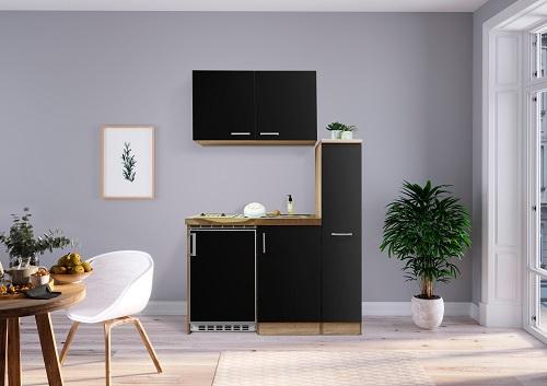 Miniküche Schwarz/Eichefarben m. Geräten B: ca. 130 cm - Edelstahlfarben/Eichefarben, MODERN, Holzwerkstoff (130cm) - Respekta