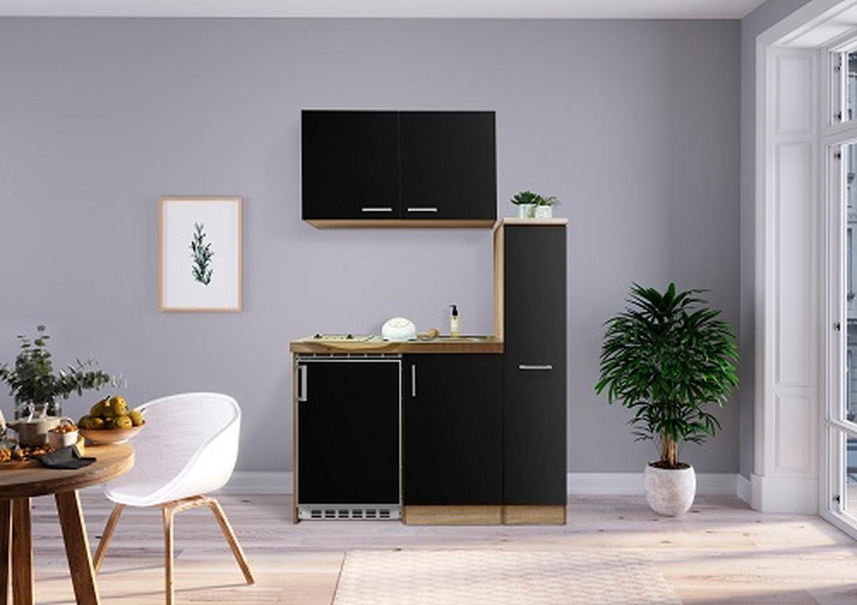 Miniküche Schwarz/Eichefarben m. Geräten B: ca. 130 cm - Edelstahlfarben/Eichefarben, MODERN, Holzwerkstoff (130cm) - Respekta