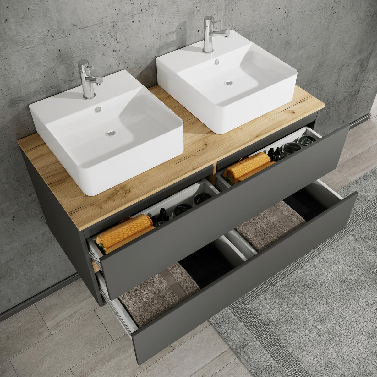 Badezimmer Cosila - Honigeiche/Weiss, Trend, Keramik/Holzwerkstoff (111cm) - MID.YOU