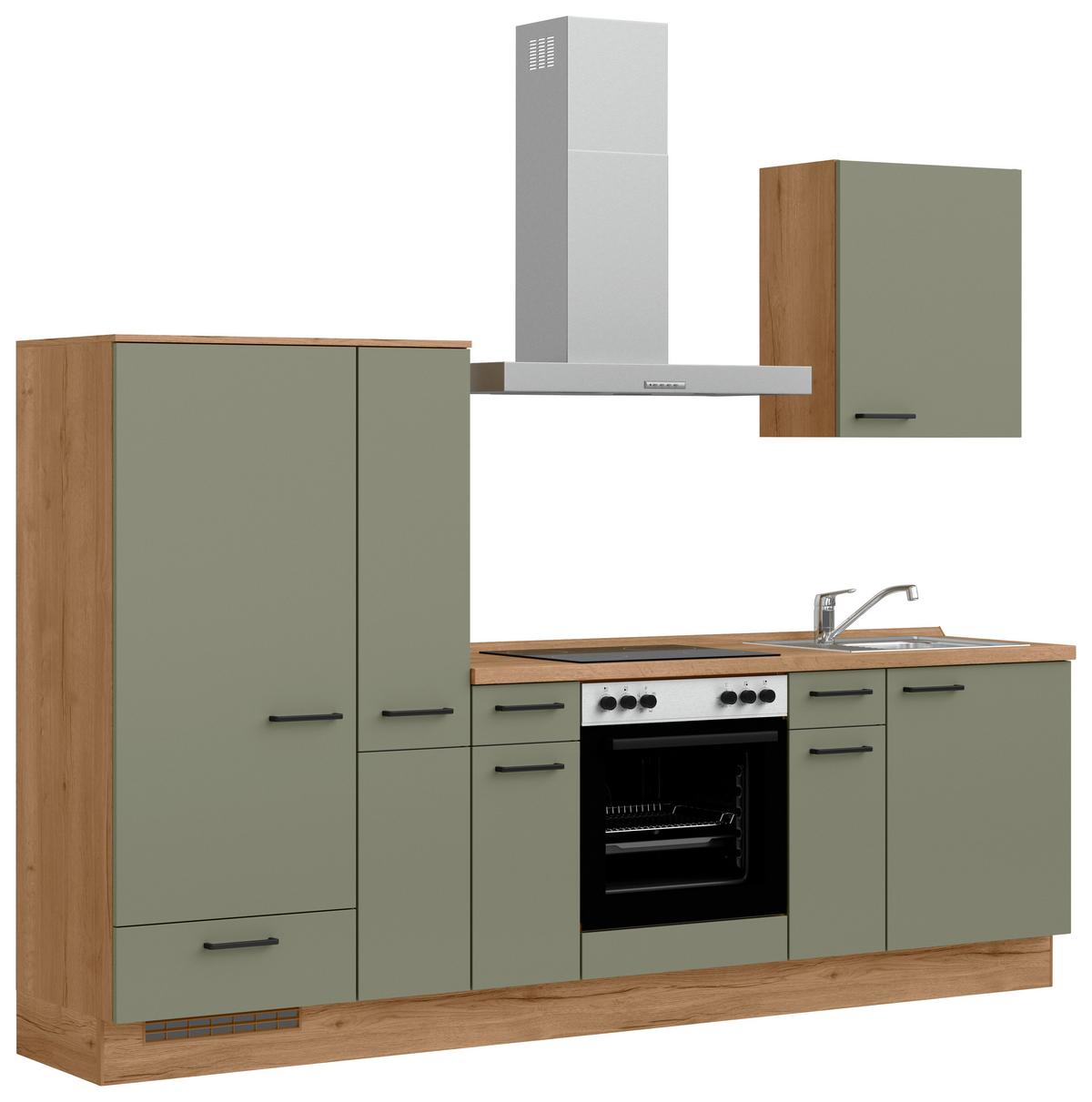 Küchenleerblock Senso Low o. Geräte Olivgrün - Eichefarben/Schwarz, MODERN, Holzwerkstoff/Metall (270cm) - Nobilia