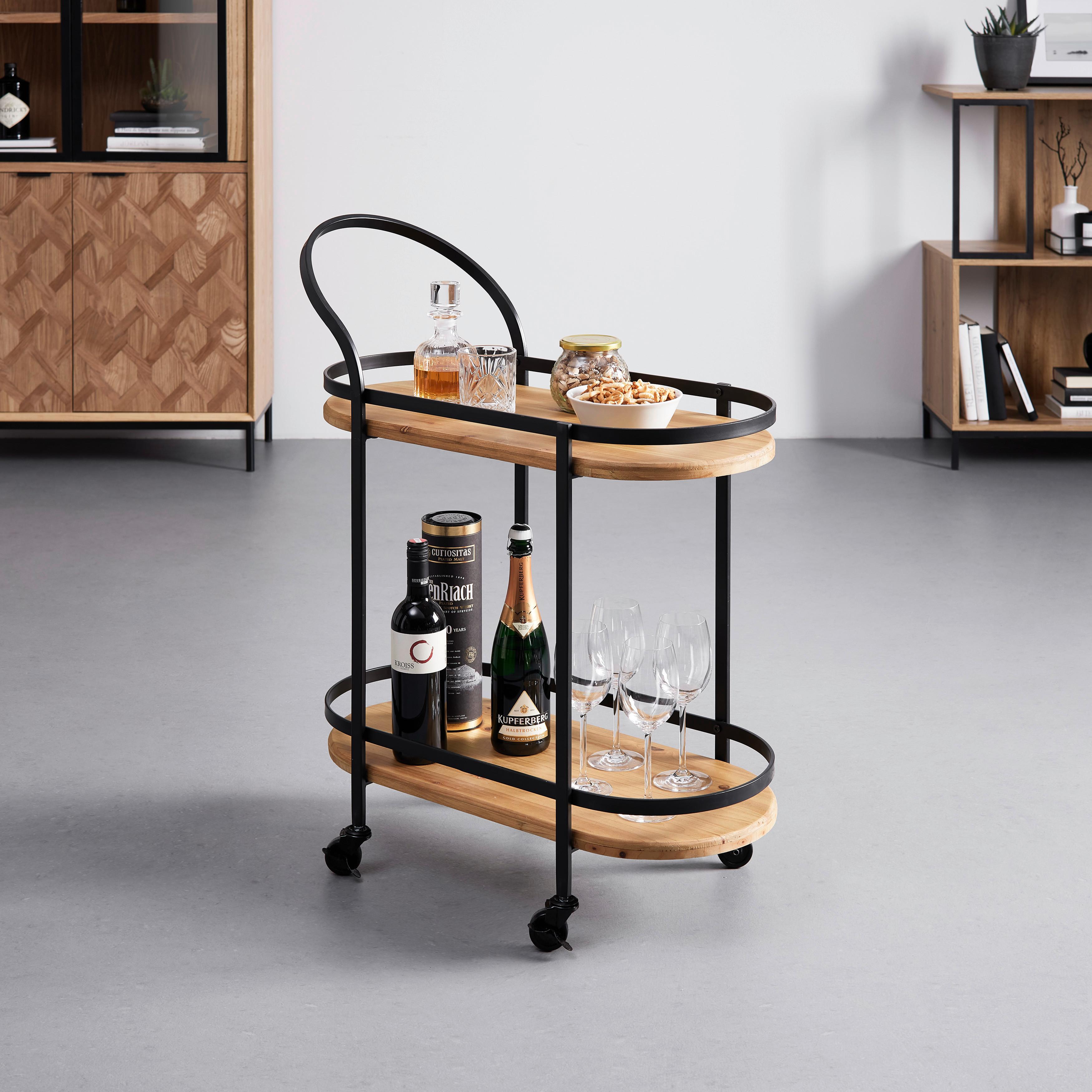 Rollwagen Jolanda Natur/ Schwarz Echtholz/Metall - Schwarz/Naturfarben, MODERN, Holz/Kunststoff (70/86/35cm) - Bessagi Home