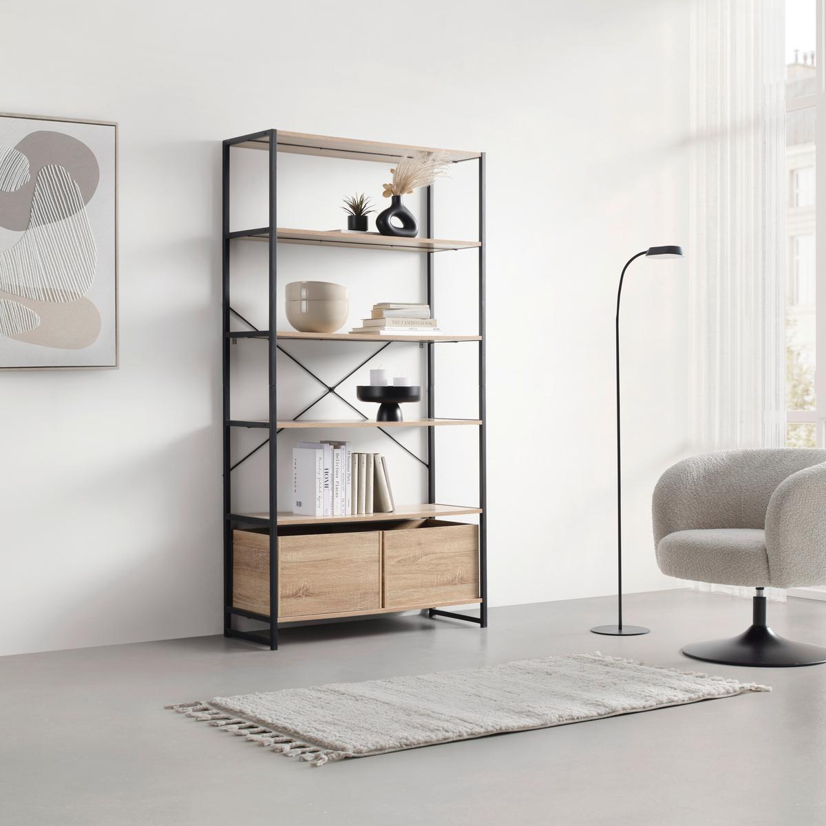 Polc 6 Tölgy Színű Polclappal Bono - fekete/Sonoma tölgy, Modern, faalapú anyag/fém (95/180/35cm) - Mömax