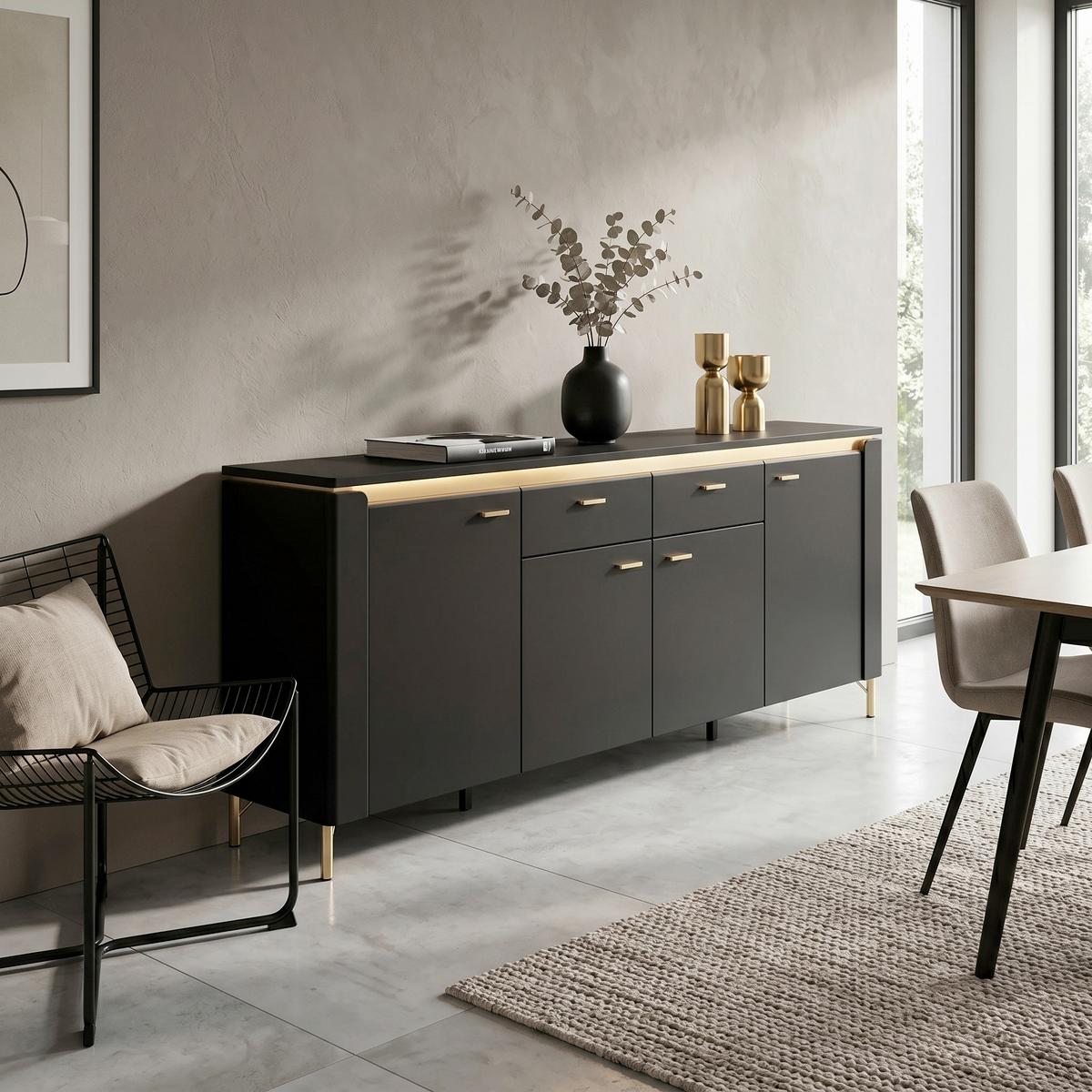 Comodă Norica - auriu/negru, Trend, material pe bază de lemn (200,3/87,3/40cm) - Modern Living