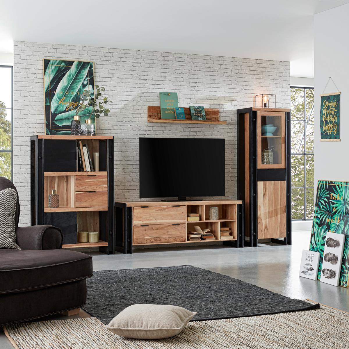 Vitrina Construction - črna/naravne barve, Trendi, kovina/steklo (60/180/40cm) - Zandiara