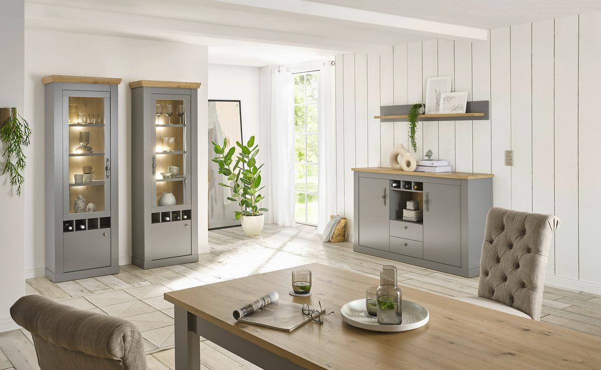 Wohnwand Chambord Eichefarben/Hellgrau - Eichefarben/Silberfarben, Design, Holzwerkstoff/Metall (328/201/44cm) - MID.YOU