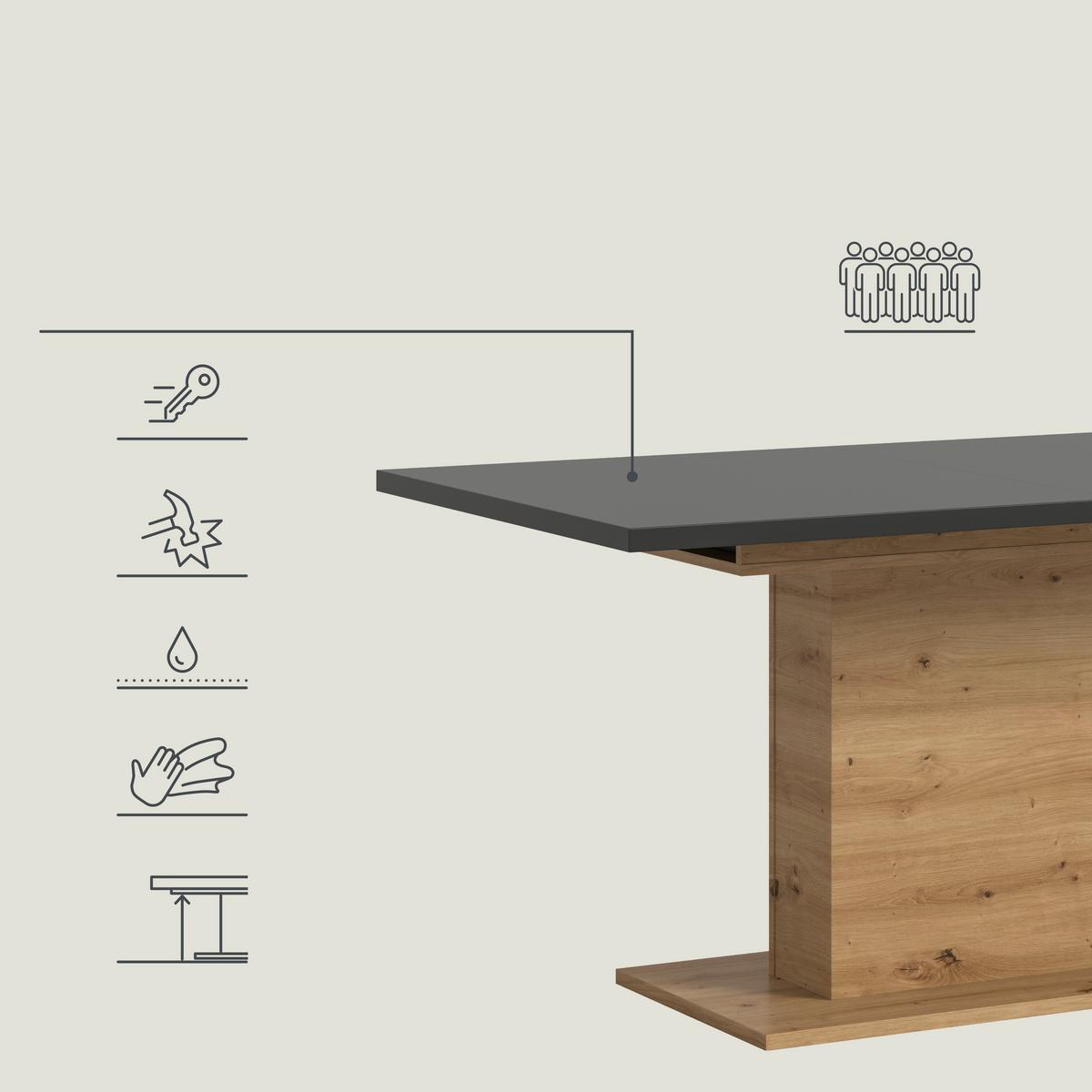 Raztegljiva Miza Marlon, Siva, Barva Hrasta, 150-190x90cm - siva/hrast artisan, Konvencionalno, leseni material (150-190/90/76cm) - MID.YOU