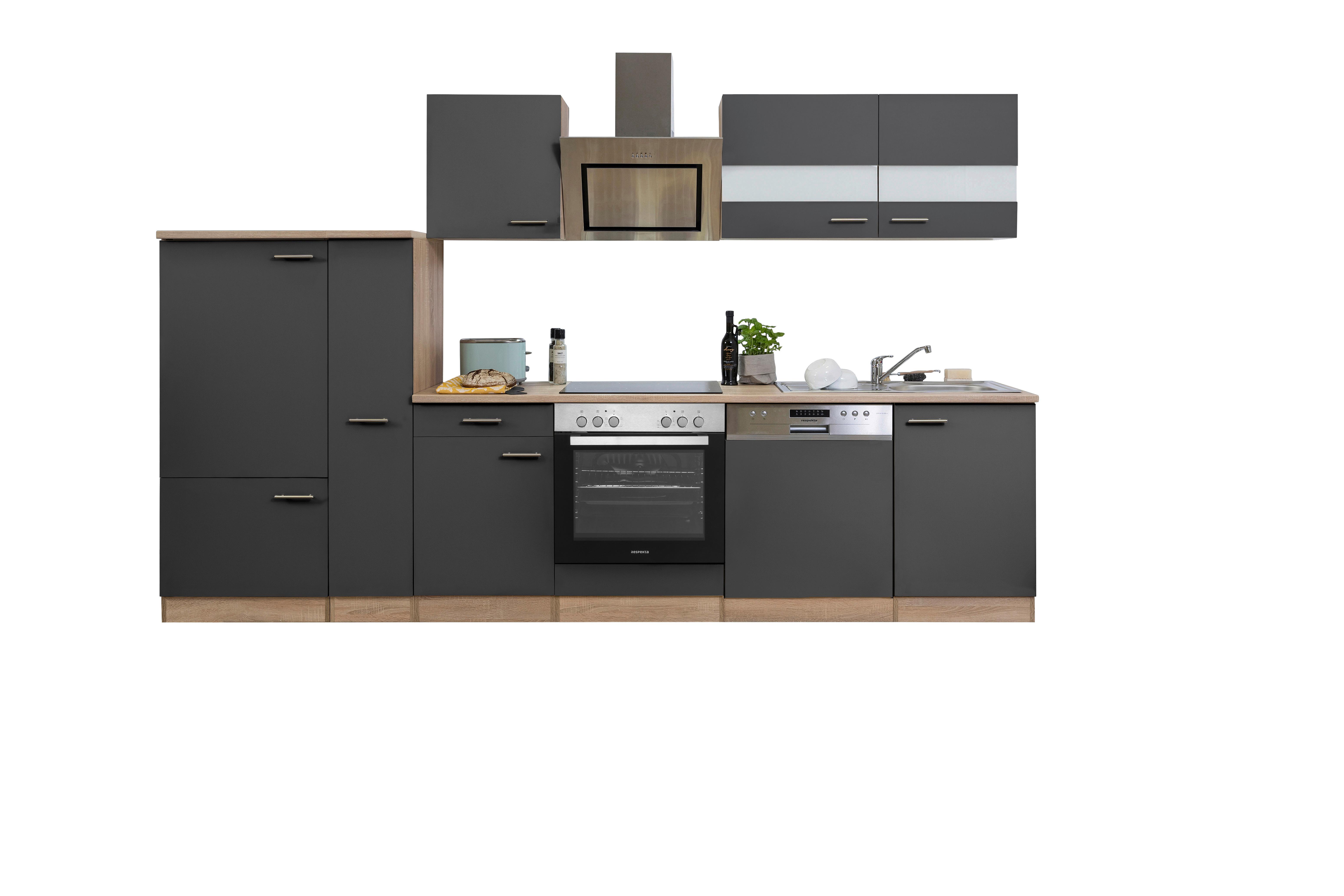 Küchenblock Malia mit Geräten ca. 310 cm Grau - Edelstahlfarben/Eichefarben, Basics, Holzwerkstoff/Metall (310cm) - Respekta
