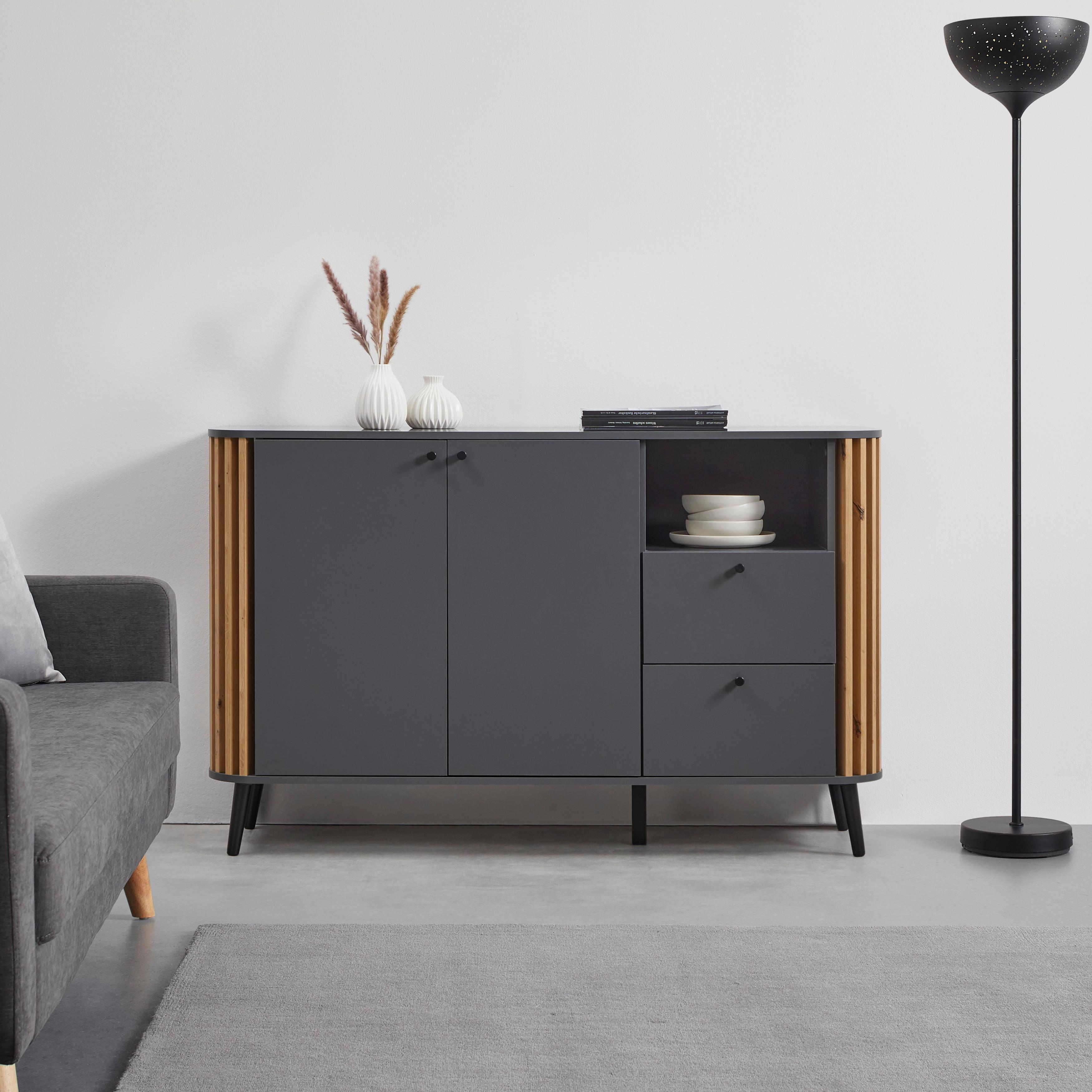 Sideboard in Grau/Naturfarben - Grau, Design, Holzwerkstoff/Kunststoff (138/88/40cm) - Premium Living