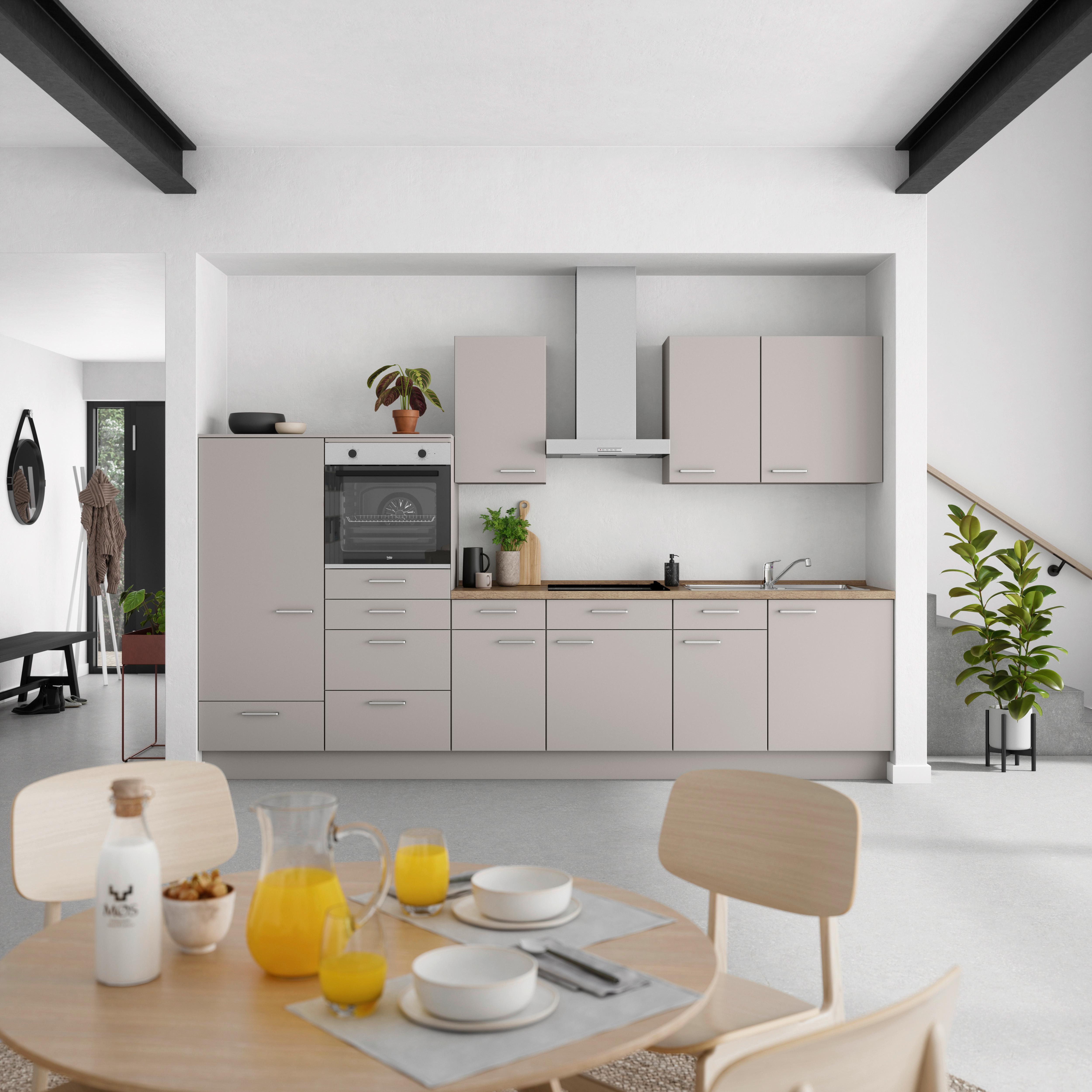 Küchenblock Touch Low m. Geräten Grau - Eiche dunkel/Edelstahlfarben, MODERN, Holzwerkstoff/Metall (330cm) - Nobilia